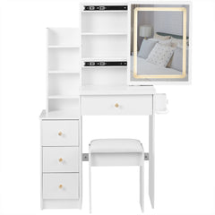 HAOYYE Small Size Left Bedside Cabinet Vanity Table + Cushioned Stool, 2 AC+2 USB Power Station, Hair dryer bracket, Extra Large Touch Control Sliding LED Mirror, Tri-color Switching, EPA,GCC,UL Certificate
