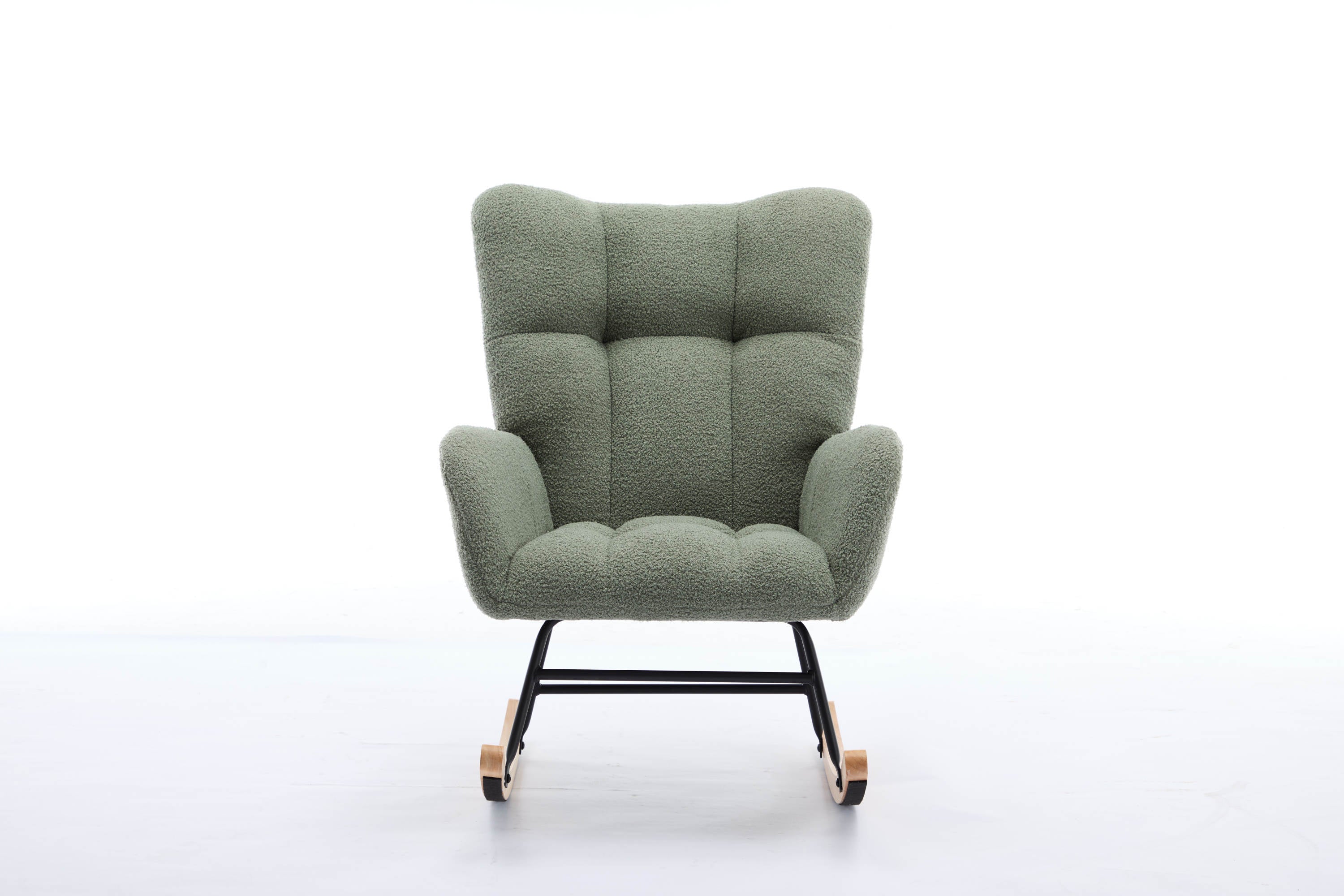 Haoyye Modern Upholstered Nursery Rocking Chair with High Backrest, Teddy Fabric Glider Accent Armchair with Solid Wood Legs and Metal Frame, Comfortable Rocker for Bedroom, Living Room or Lounge, Gentle Swing Chair in Green