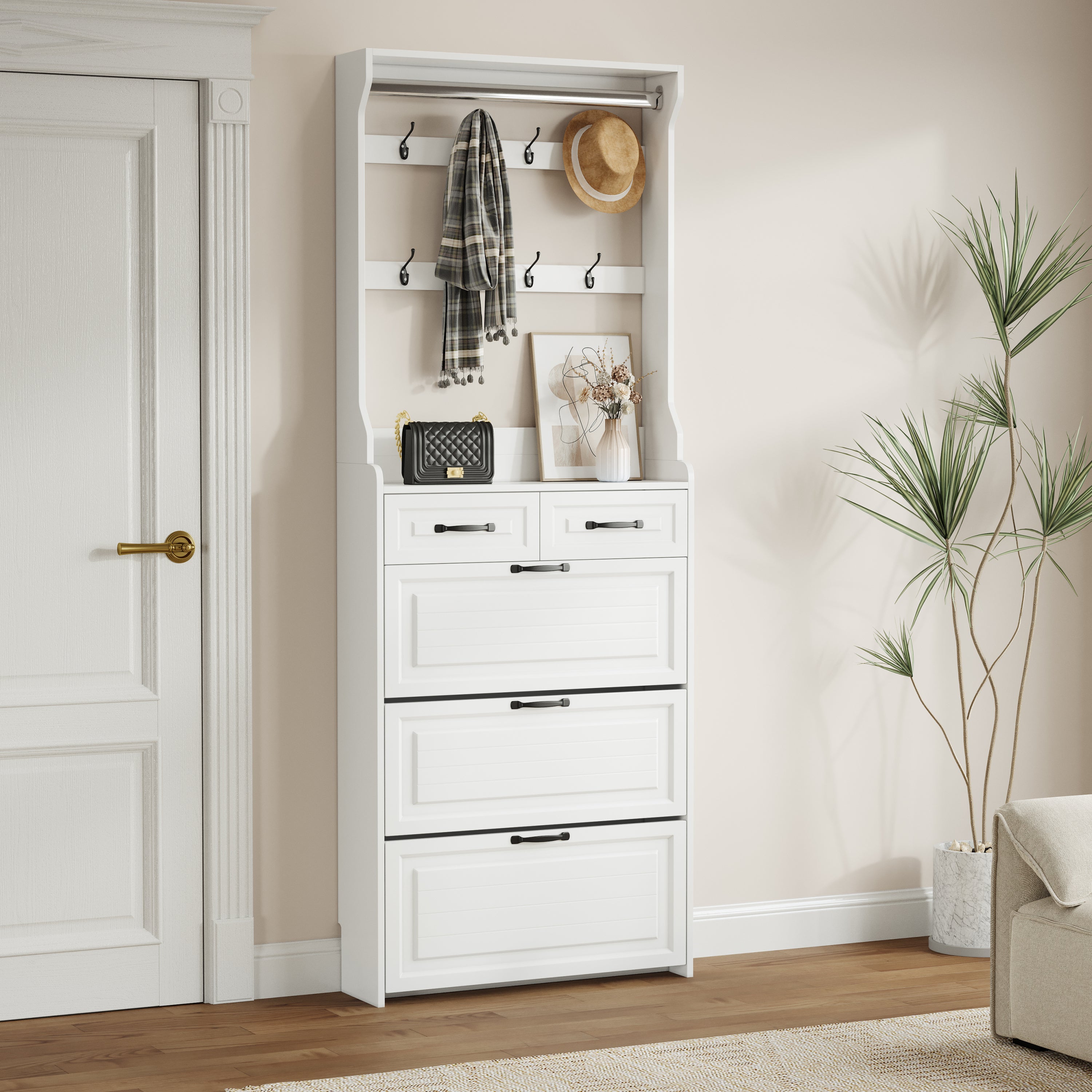 HAOYYE White Shoe Cabinet With 3 Doors 2 Drawers And Hanger, Large Capacity Storage Cabinet For Bedroom, Entryway, Or Dorm Room, Sturdy Modern Design, Space-Saving, Heavy Duty, Easy Assembly