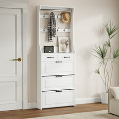 HAOYYE White Shoe Cabinet With 3 Doors 2 Drawers And Hanger, Large Capacity Storage Cabinet For Bedroom, Entryway, Or Dorm Room, Sturdy Modern Design, Space-Saving, Heavy Duty, Easy Assembly