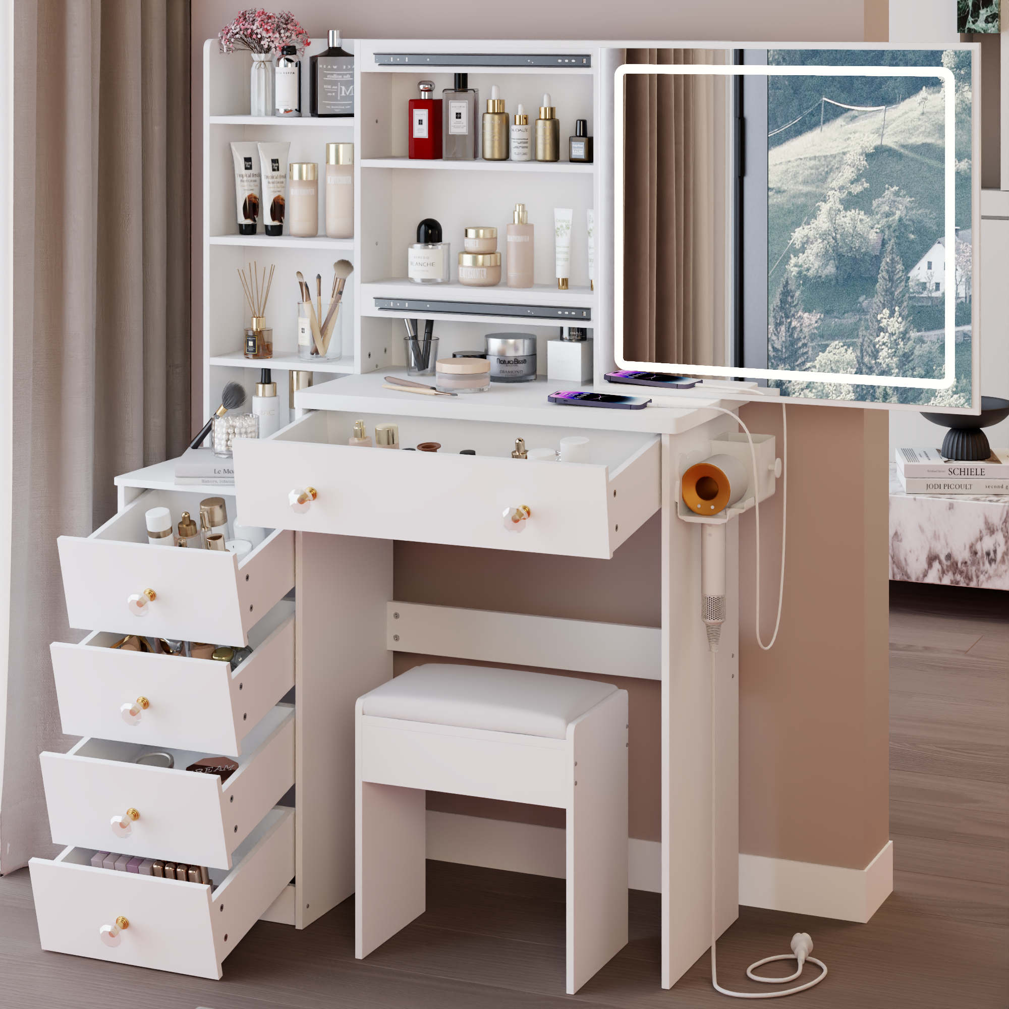 HAOYYE 37" Middle Size Left Bedside Cabinet Vanity Table + Cushioned Stool Dresser Set, 2 AC+2 USB Socket, Hair Dryer Stand, Large Touch Control LED Sliding Mirror, 3-color Switch, EPA, GCC, UL Certificate