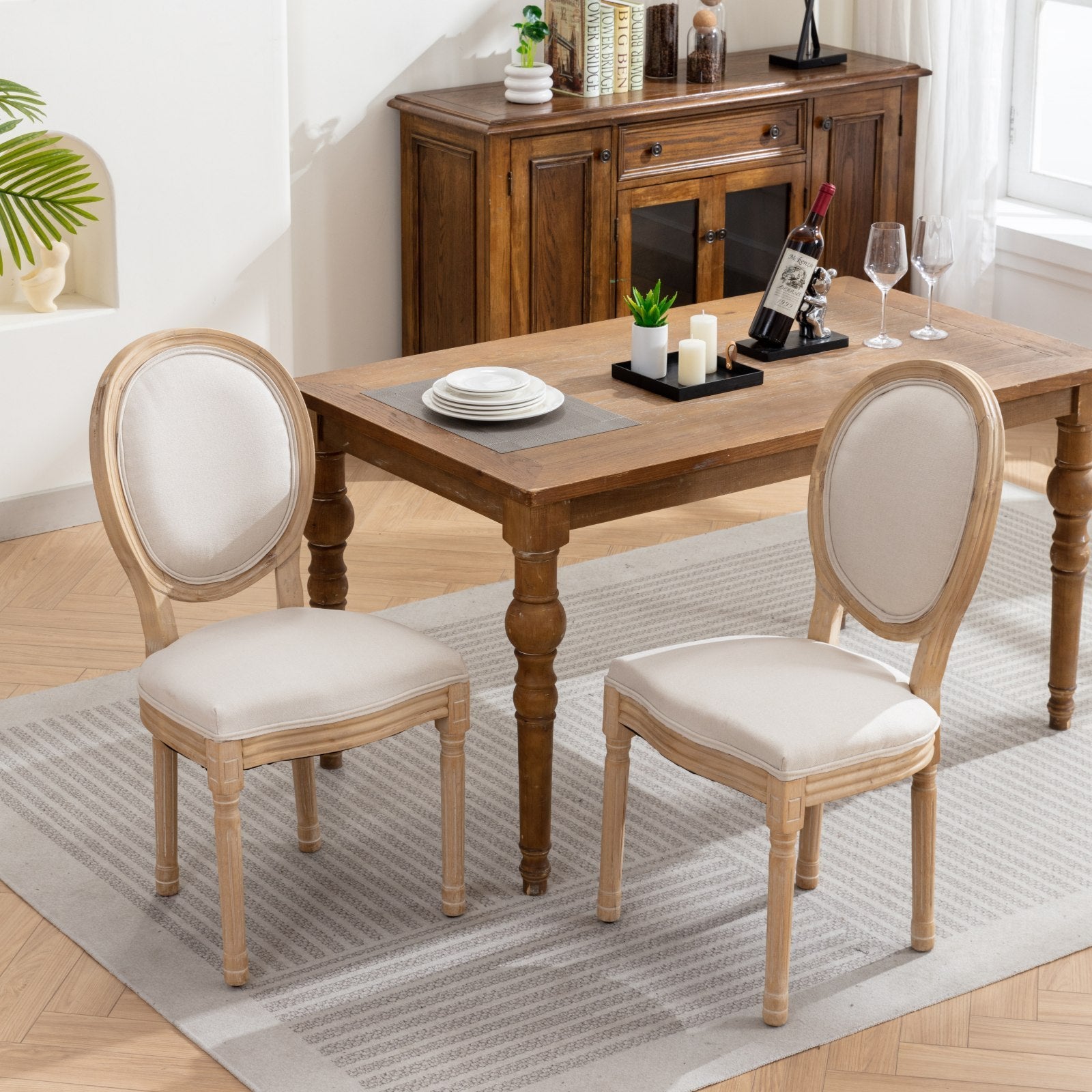 HAOYYE French Style Solid Wood Frame Antique Painting Linen Fabric Back Dining Chair,Set of 2,Beige,SW1845BG Sturdy Space-Saving Heavy Duty Modern Design Adults Dorm Room Easy Assembly