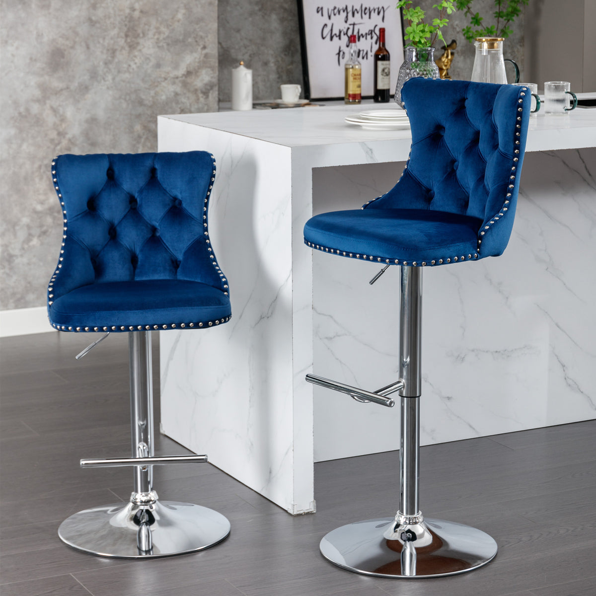 HAOYYE Swivel Velvet Barstools with Adjustable Seat Height, Modern Upholstered Bar Stools with Chrome Base and Comfortable Tufted Back for Kitchen Island and Home Pub, Set of Two, Blue