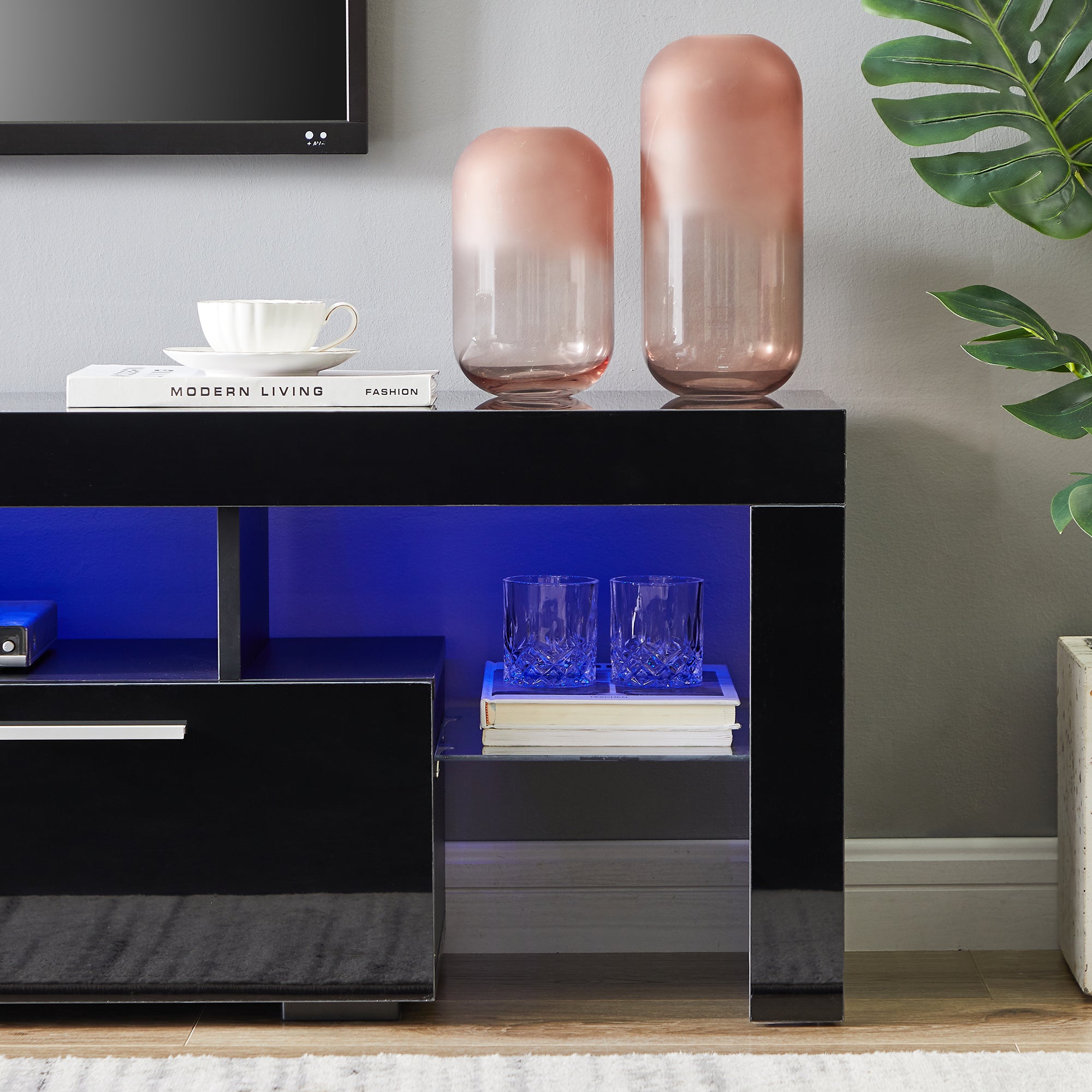 HAOYYE FashionTVstandTVcabinet,EntertainmentCenter,TVstationTV console,media console,with LEDlight belt,light belt remote control,toughenedglassshelf,metal handle,Canbeplaced in the living room,bedroom,black