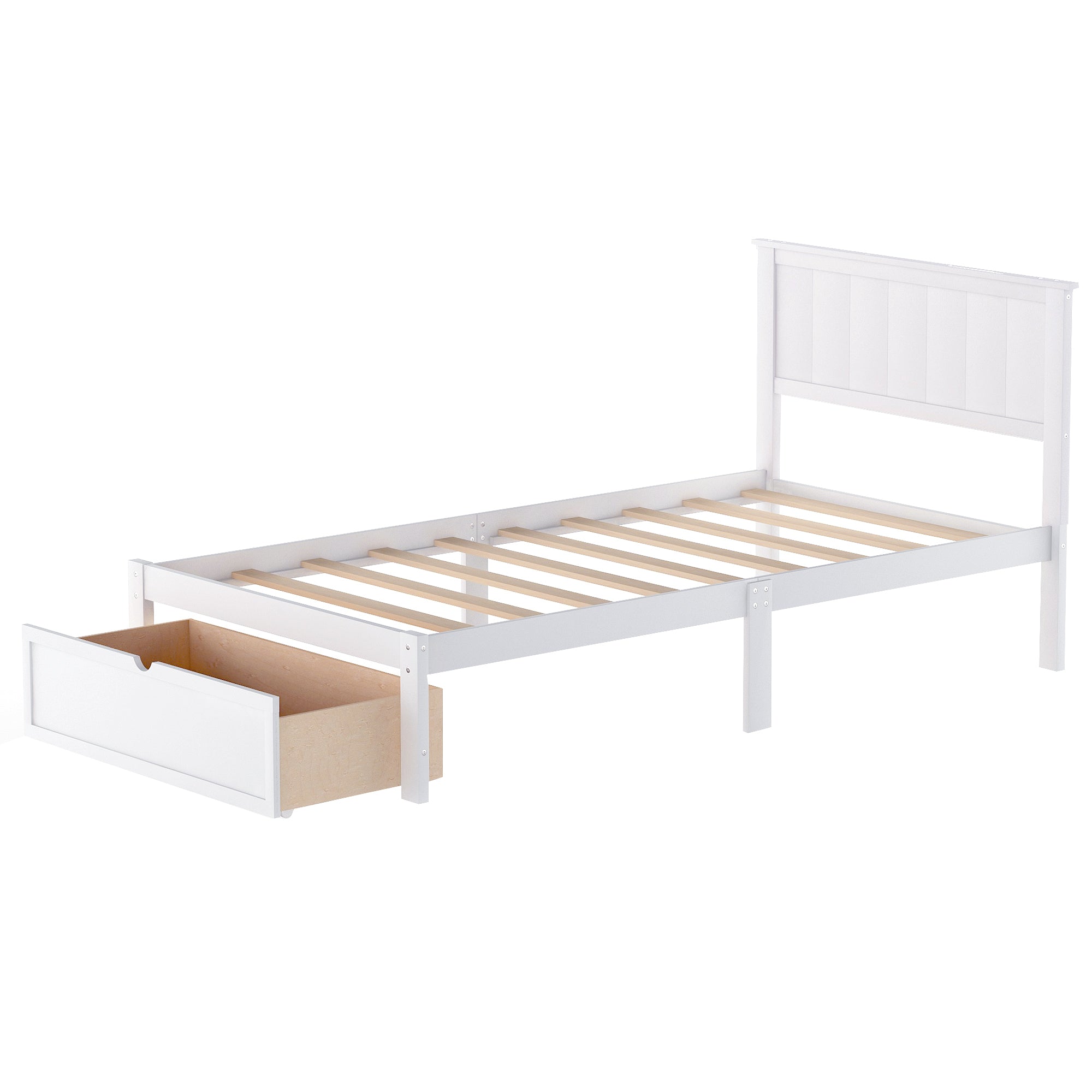 HAOYYE Modern Twin Platform Bed with Under-bed Drawer, White Sturdy Space-Saving Heavy Duty Design, Easy Assembly Bedroom Furniture for Dorms and Adults