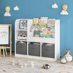HAOYYE Bookcase and Bookshelf, Multifunctional Display Stand With 3 Collapsible Fabric Drawers, Toy Storage Organizer for Bedroom, Playroom, or Hallway, White/Gray, Sturdy Space-Saving Design