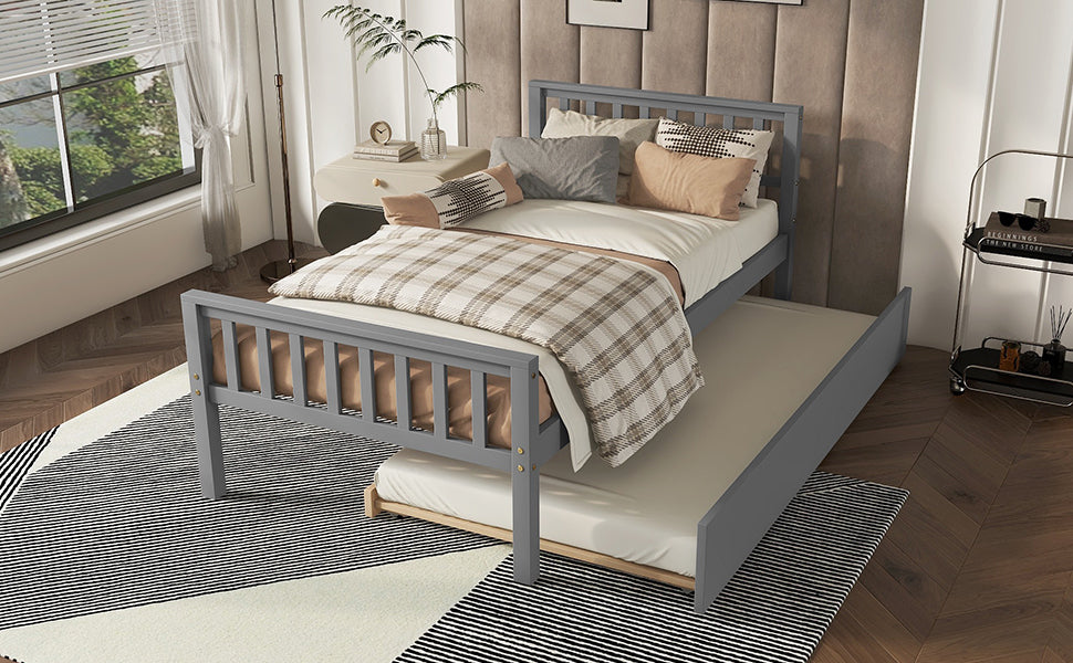 HAOYYE Twin Bed with Trundle, Platform Bed Frame with Headboard and Footboard, for Bedroom Small Living Space,No Box Spring Needed,Grey(Old SKU:W50422210) Sturdy Space-Saving Heavy Duty Modern Design