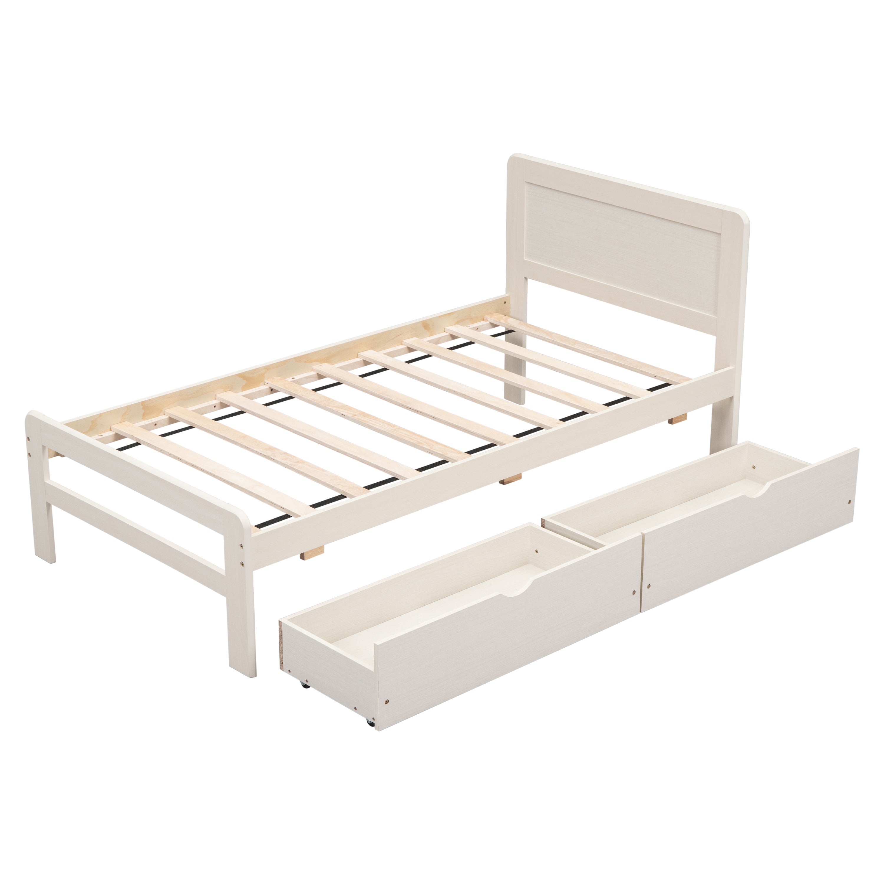 HAOYYE Modern White Washed Twin Size Platform Bed Frame With Two Storage Drawers, Sturdy Space-Saving Heavy Duty Design, Perfect For Adults And Dorm Rooms, Easy Assembly