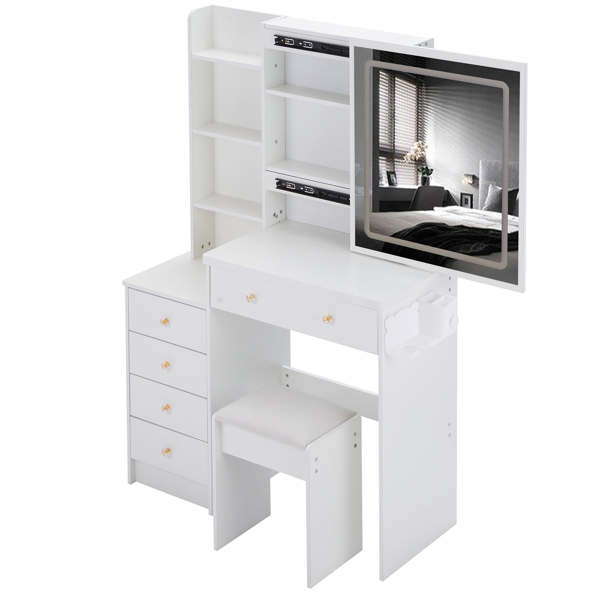 HAOYYE 37" Middle Size Left Bedside Cabinet Vanity Table + Cushioned Stool Dresser Set, 2 AC+2 USB Socket, Hair Dryer Stand, Large Touch Control LED Sliding Mirror, 3-color Switch, EPA, GCC, UL Certificate