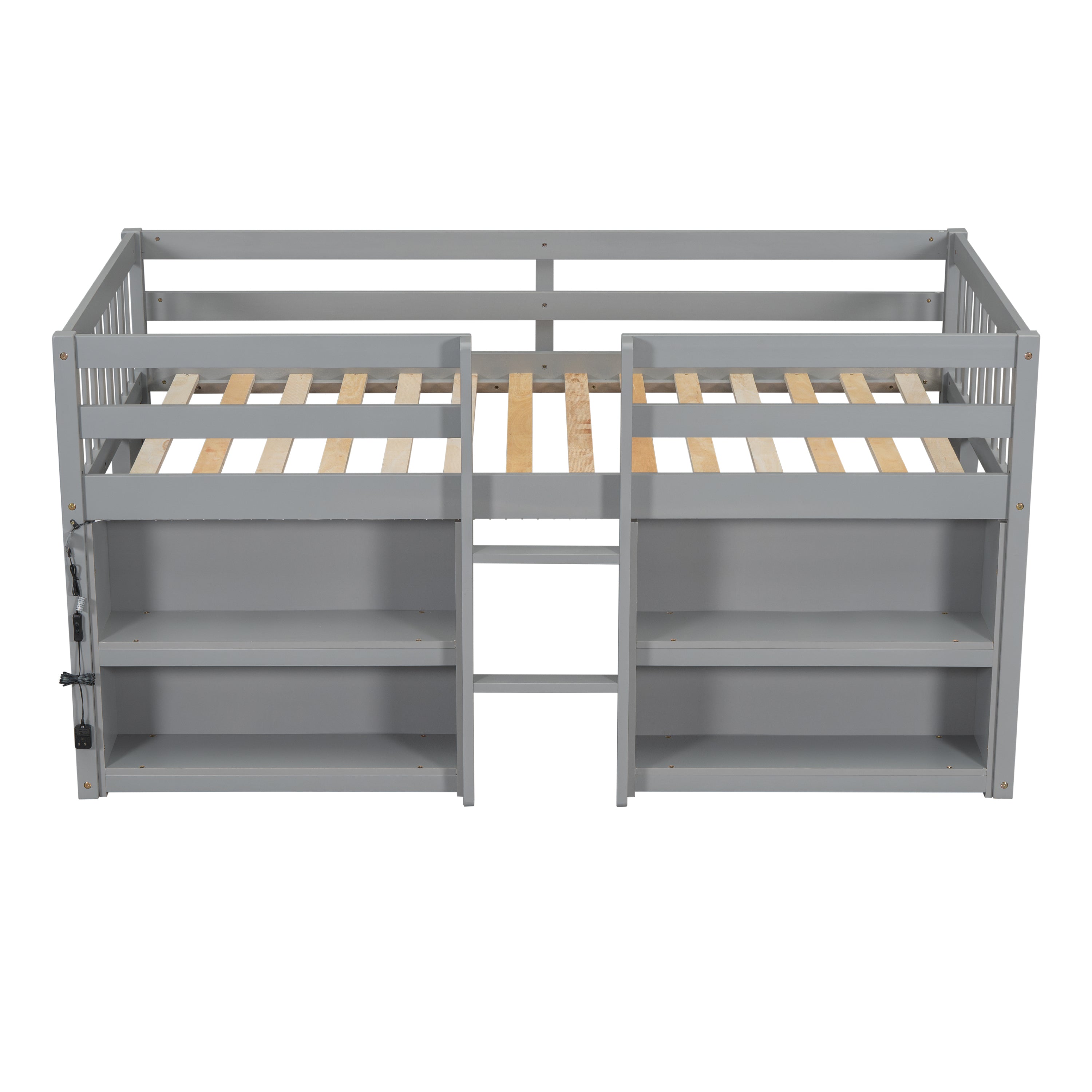 HAOYYE Twin Size Kid Low Loft Bed With Two-Tier Shelves And LED Light For Grey Color Sturdy Space-Saving Heavy Duty Modern Design Adults Dorm Room Easy Assembly Bedroom Furniture
