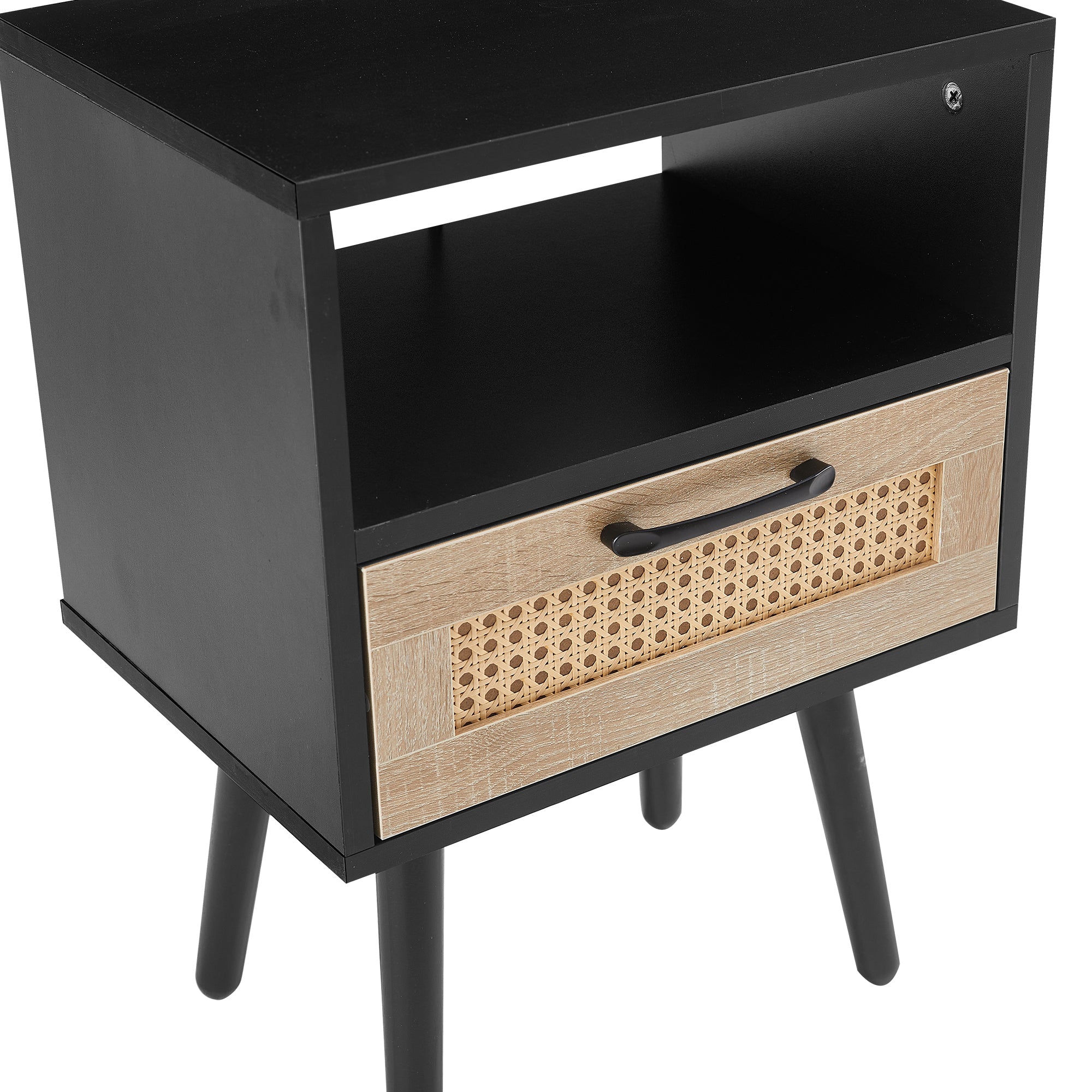 HAOYYE Rattan End Table with Drawer and Solid Wood Legs, Modern Nightstand, Side Table for Living Room, Bedroom, Black, Sturdy and Space-Saving Design, Heavy Duty Construction, Easy Assembly for Adults and Dorm Rooms