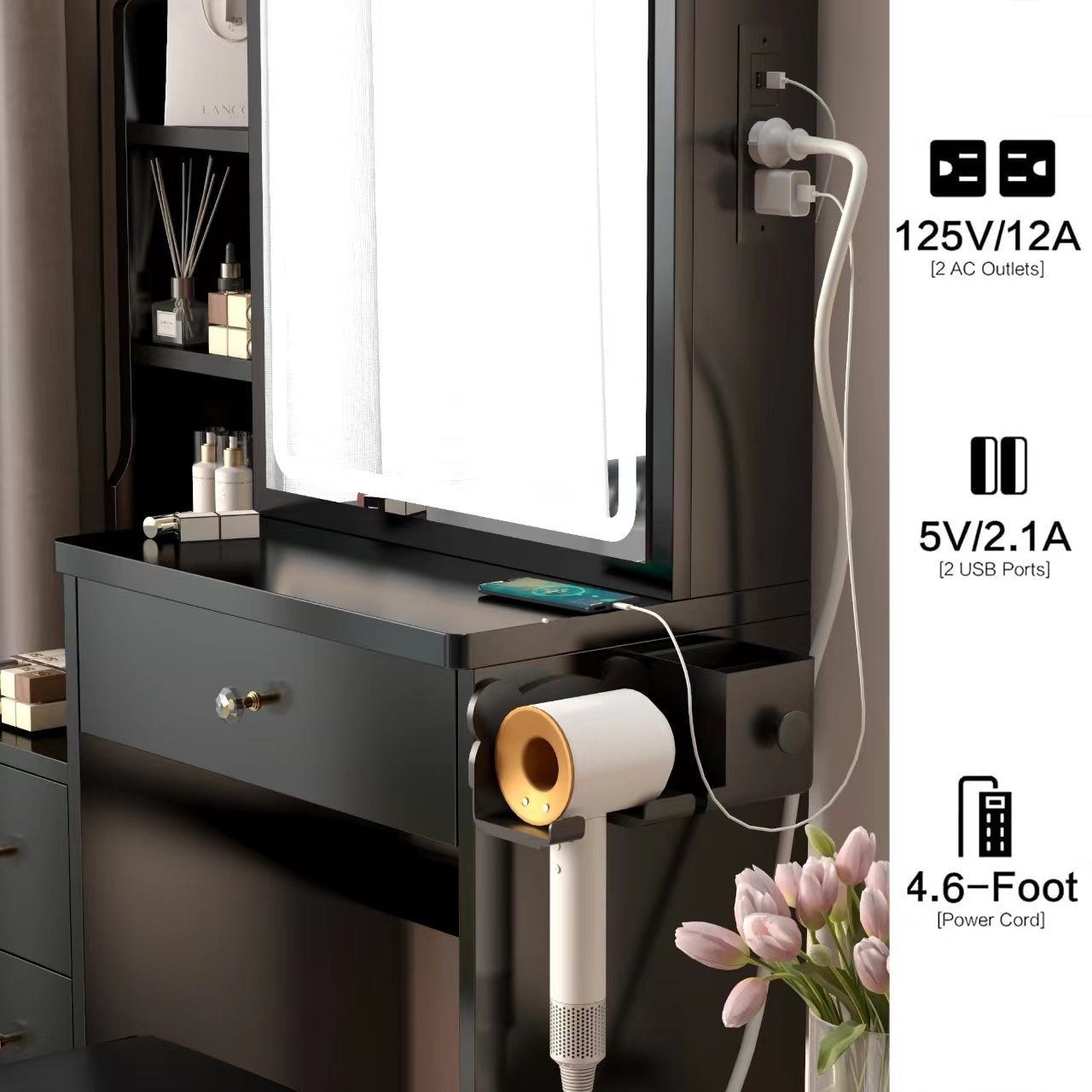 HAOYYE Small Space Left Bedside Cabinet Vanity Table + Cushioned Stool, 2 AC+2 USB Power Station, Hair dryer bracket, Extra Large Touch Control Sliding LED Mirror, Tri-color Switching, Brightness Adjustable