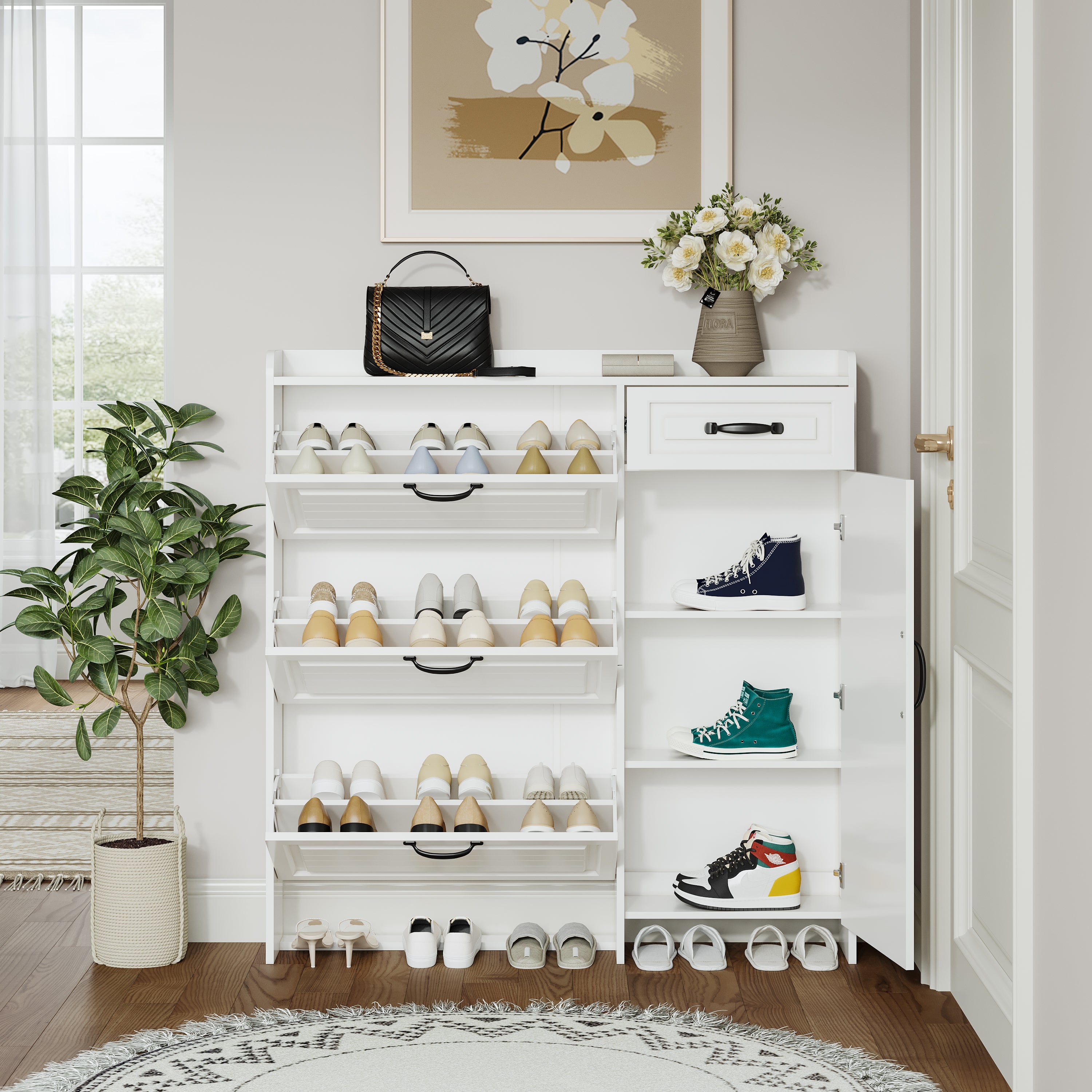 HAOYYE White Shoe Cabinet With 4 Doors And 1 Drawer, Large Storage Capacity, Modern Sturdy Space-Saving Design For Bedrooms And Dorm Rooms, Heavy Duty Construction, Easy To Assemble