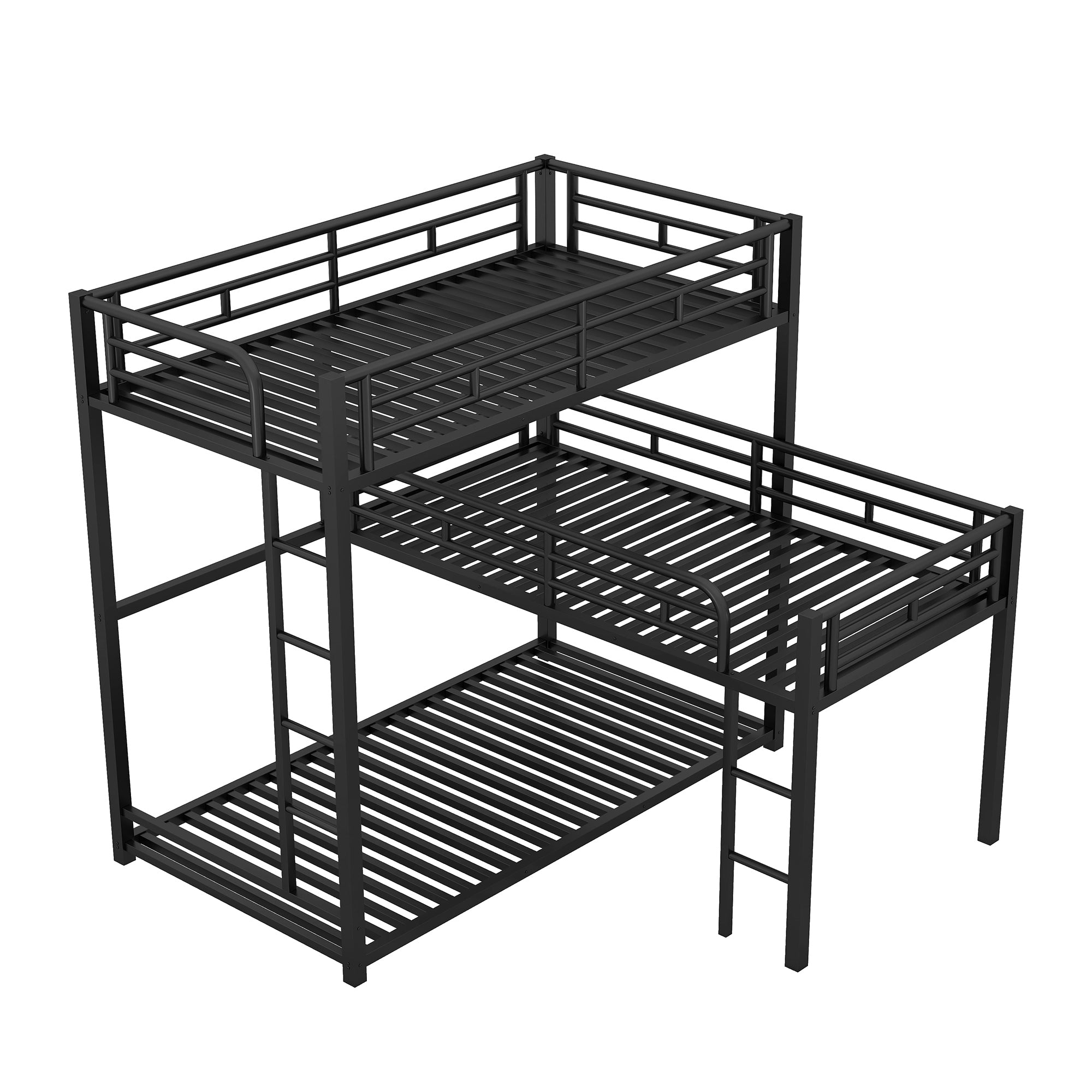 HAOYYE L-shaped Metal Triple Twin Size Bunk Bed, Black(OLD SKU:SM000605AAB) Sturdy Space-Saving Heavy Duty Modern Design Easy Assembly Durable Stylish Home Furniture Versatile