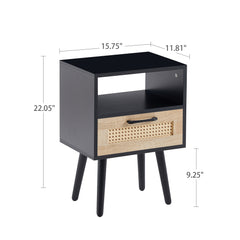 HAOYYE Rattan End Table with Drawer and Solid Wood Legs, Modern Nightstand, Side Table for Living Room, Bedroom, Black, Sturdy and Space-Saving Design, Heavy Duty Construction, Easy Assembly for Adults and Dorm Rooms
