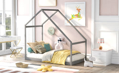 HAOYYE Twin Size Wooden House Bed, Gray Sturdy Space-Saving Heavy Duty Modern Design Easy Assembly Durable Stylish Home Furniture Versatile