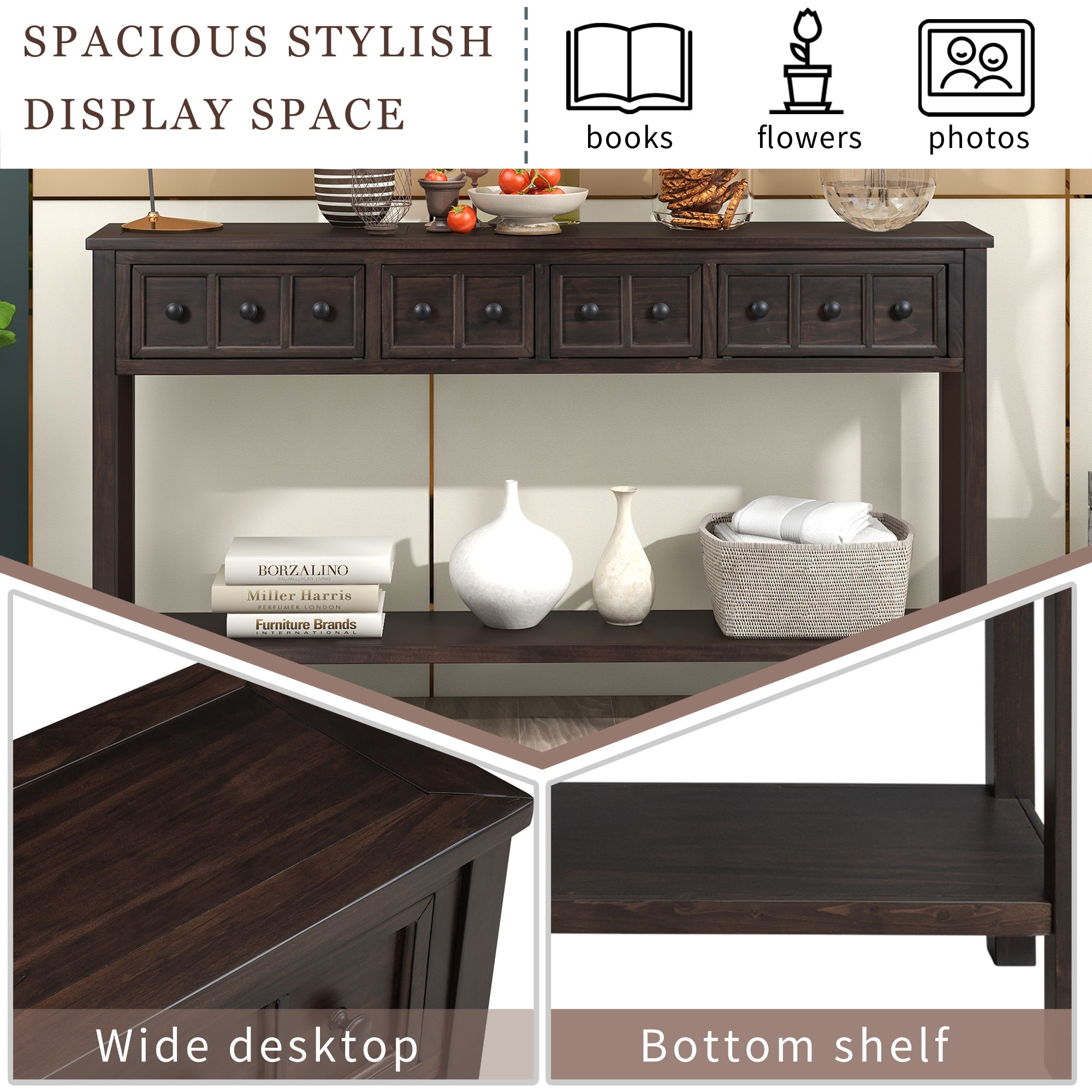 HAOYYE Rustic Entryway Console Table, Long Sofa Table with Two Drawers and Bottom Storage Shelf, Espresso, Sturdy Space-Saving Design, Heavy Duty Construction, Easy Assembly, Durable and Stylish Home Furniture