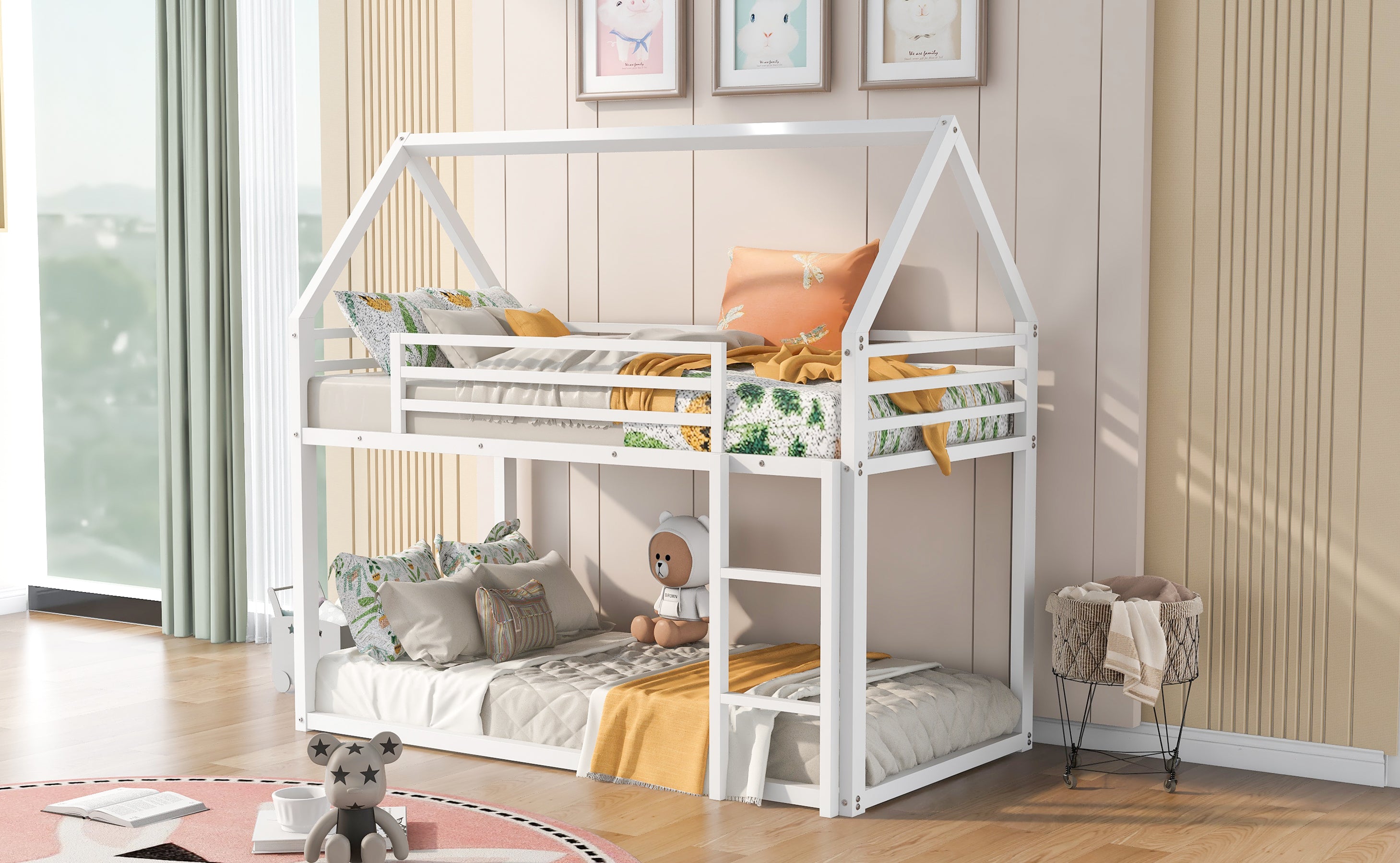 HAOYYE Twin over Twin House Bunk Bed with Built-in Ladder,White Sturdy Space-Saving Heavy Duty Modern Design Adults Dorm Room Easy Assembly Bedroom Furniture