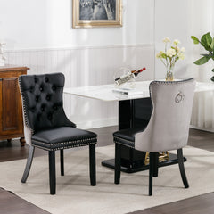 HAOYYE Nikki Collection Modern, High-end Tufted Solid Wood Contemporary PU and Velvet Upholstered Dining Chair with Wood Legs Nailhead Trim 2-Pcs Set lack+Gray, SW2101BG Sturdy Space-Saving