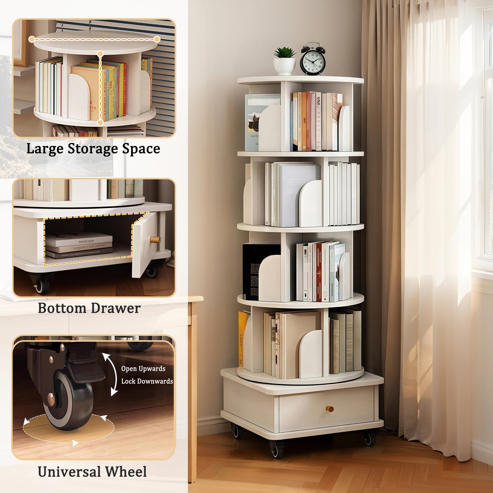 HAOYYE 5 Tier Rotating Bookshelf Tower with 360 Degree Swivel Display, Drawer Storage, Universal Wheels and Modern Round Design, Space-Saving Standing Bookcase for Home Office Bedroom or Living Room in Warm White