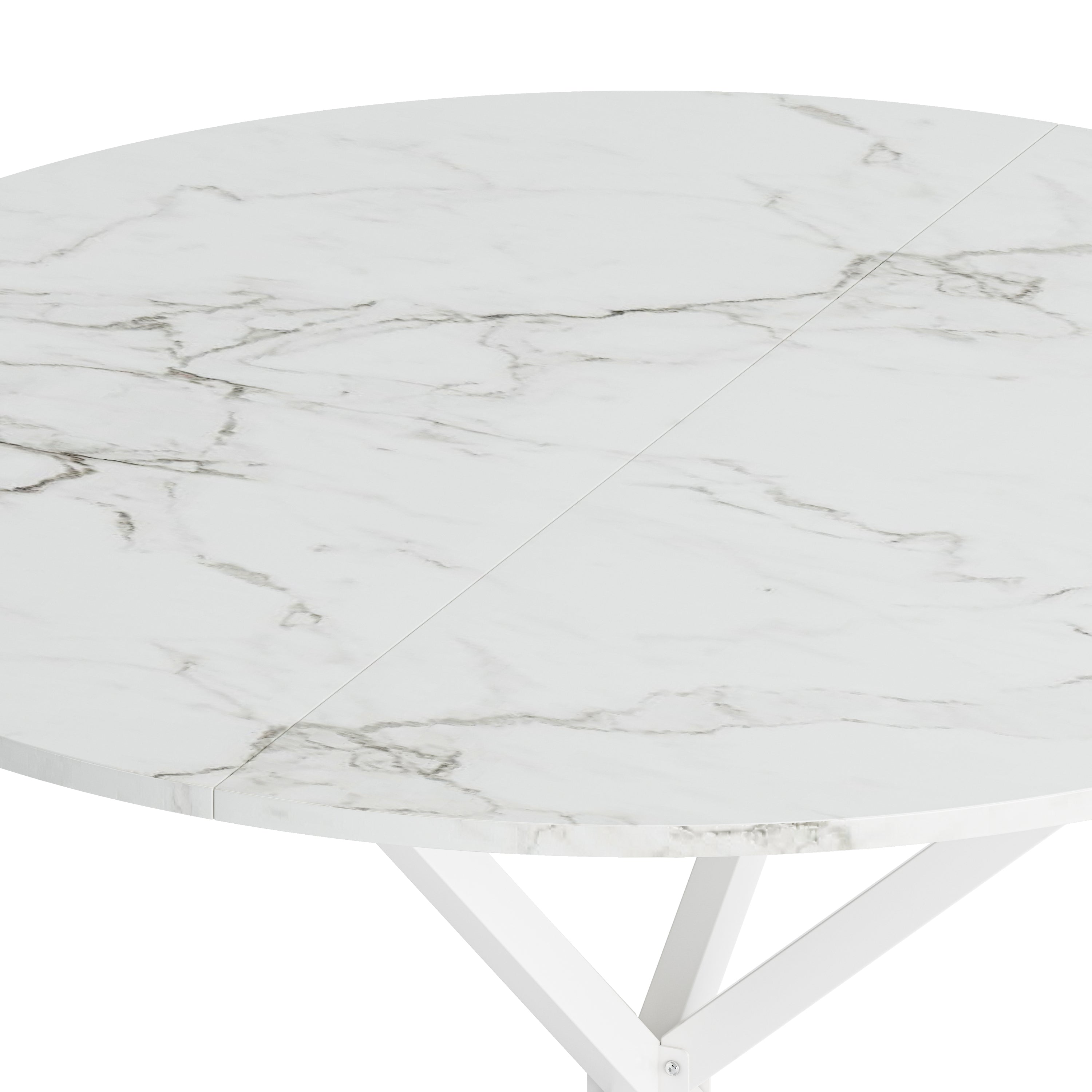 HAOYYE White Marble Top Round Dining Table With Cross-Leg Design, Removable Two-Piece Top, Matte Finish Iron Legs, Modern Sturdy Space-Saving Heavy Duty Construction, Ideal For Adults’ Dining Rooms And Small Spaces