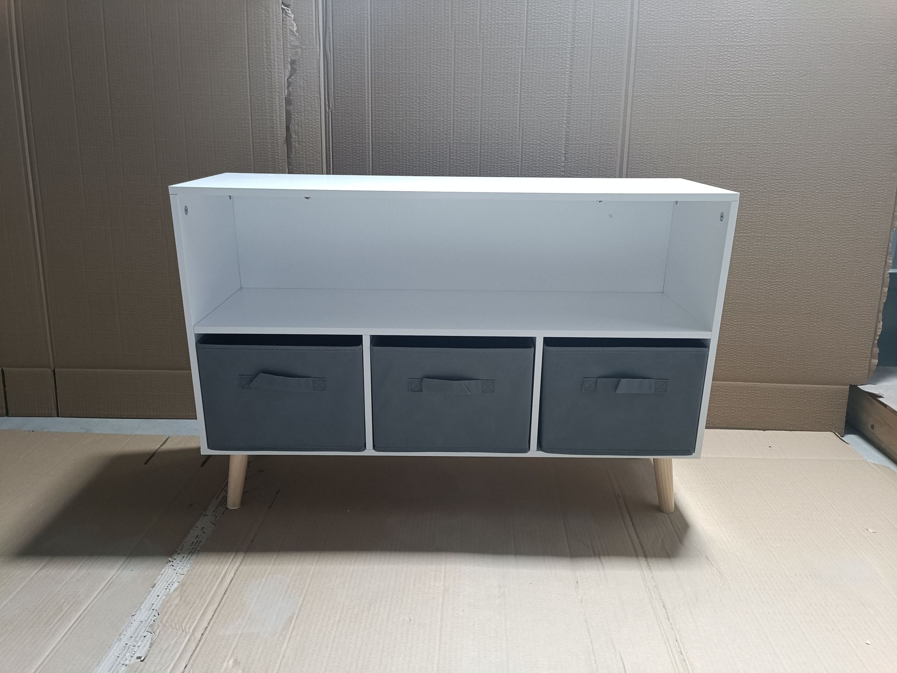 HAOYYE Bookcase with Collapsible Fabric Drawers, Book Display and Toy Storage Cabinet Organizer, White/Gray, Sturdy Space-Saving Design, Heavy Duty Construction, Easy Assembly, Durable and Stylish Home Furniture