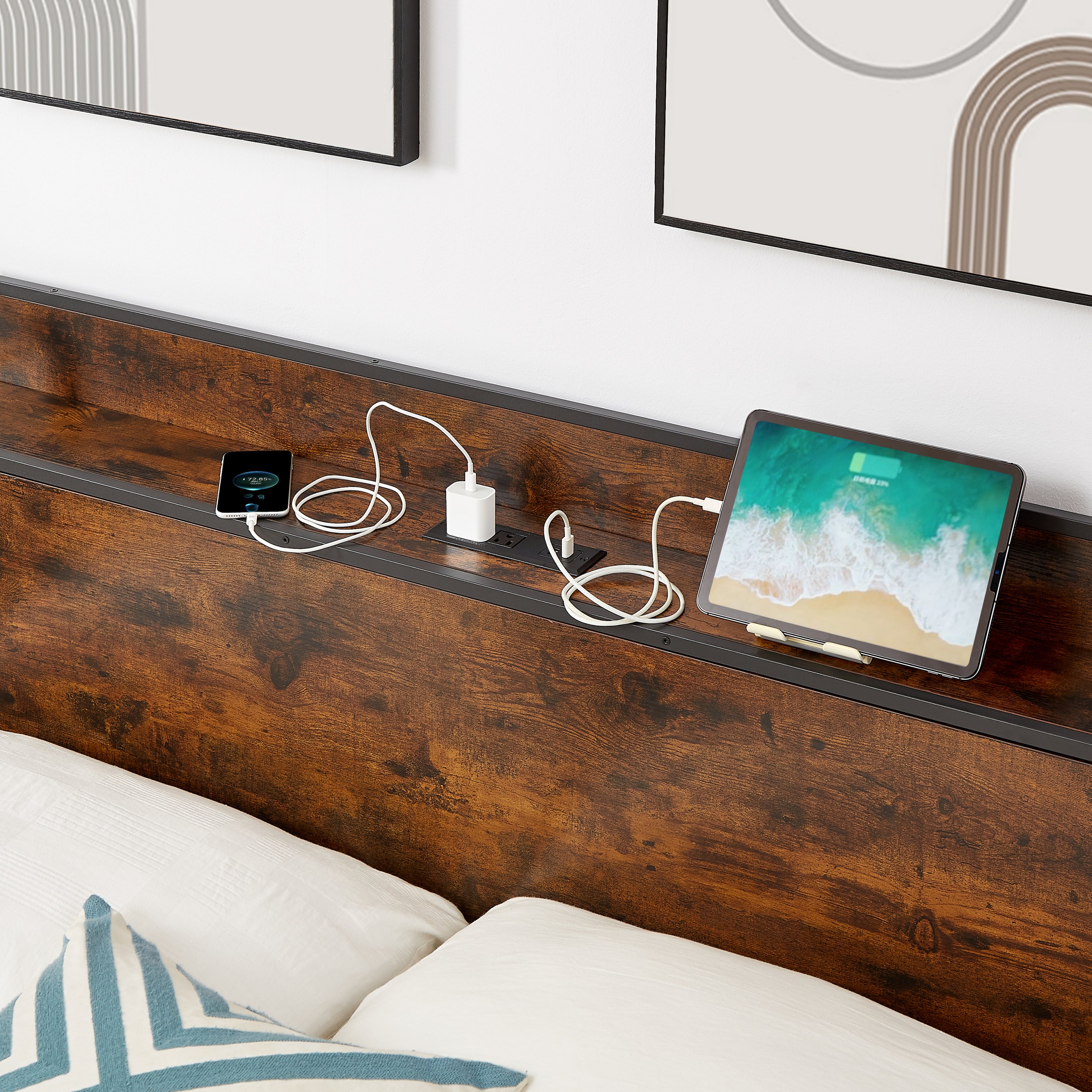 HAOYYE Bed frame with charging station full size, Rustic Brown, 83.1'' L x 56.1'' W x 39'' H Sturdy Space-Saving Heavy Duty Modern Design Adults Dorm Room Easy Assembly Bedroom Furniture