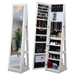 HAOYYE Full Length Mirror 360° Swivel Jewelry Cabinet with Adjustable Storage, Sturdy Space-Saving Design, Heavy Duty Modern Bedroom Furniture, Ideal for Adults and Dorm Rooms, Easy Assembly, Freestanding Stand with Lockable Door