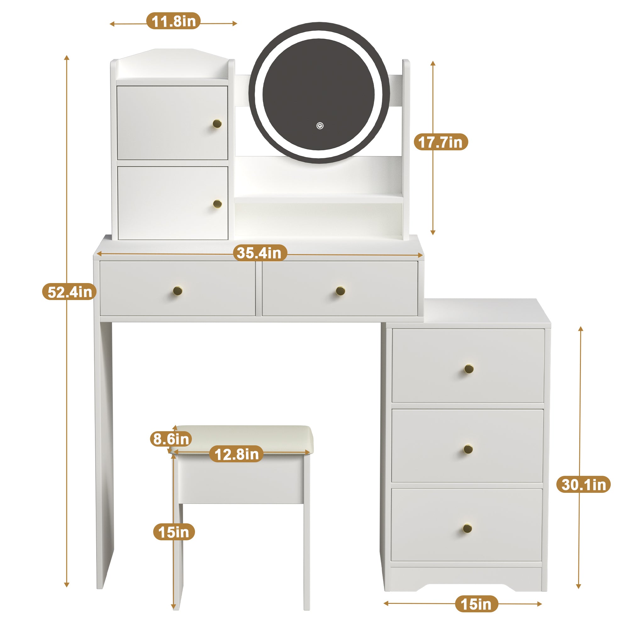 HAOYYE Fashion Vanity Desk with Mirror and Lights for Makeup and Cushioned Chair, Vanity Mirror with Lights and Table Set with 3 Color Lighting Brightness Adjustable,Dressing table, White Color Sturdy
