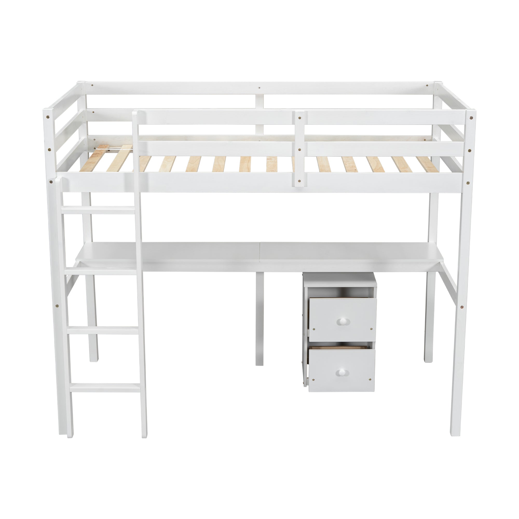 HAOYYE Twin Loft Wood Bed with Under-Bed Built-In Desk and Two-Drawer Storage Cabinet, Guardrails, and Ladder, White Sturdy Space-Saving Design, Heavy Duty Construction, Easy Assembly, Durable Stylish Home Furniture