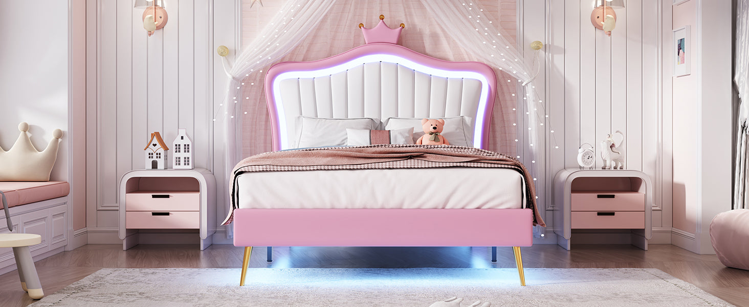 HAOYYE Twin Size Upholstered Bed Frame with LED Lights, Modern Upholstered Princess Bed With Crown Headboard,White+Pink Sturdy Space-Saving Heavy Duty Modern Design Adults Dorm Room Easy Assembly