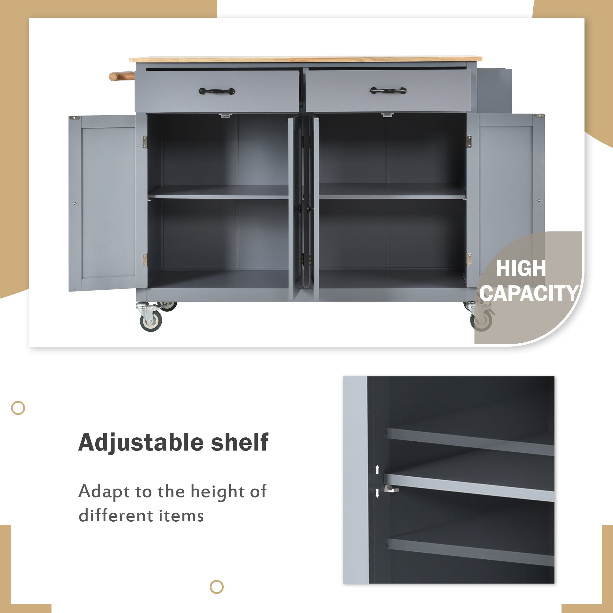 HAOYYE Kitchen Island Cart with Solid Wood Top and Locking Wheels, 4-Door Cabinet and 2 Drawers, Spice Rack, Towel Rack, Grey Blue, Sturdy Space-Saving Design, Heavy Duty Construction, Easy Assembly, Stylish and Durable Home Furniture