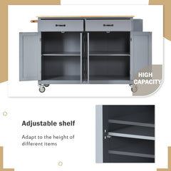 HAOYYE Kitchen Island Cart with Solid Wood Top and Locking Wheels, 4-Door Cabinet and 2 Drawers, Spice Rack, Towel Rack, Grey Blue, Sturdy Space-Saving Design, Heavy Duty Construction, Easy Assembly, Stylish and Durable Home Furniture