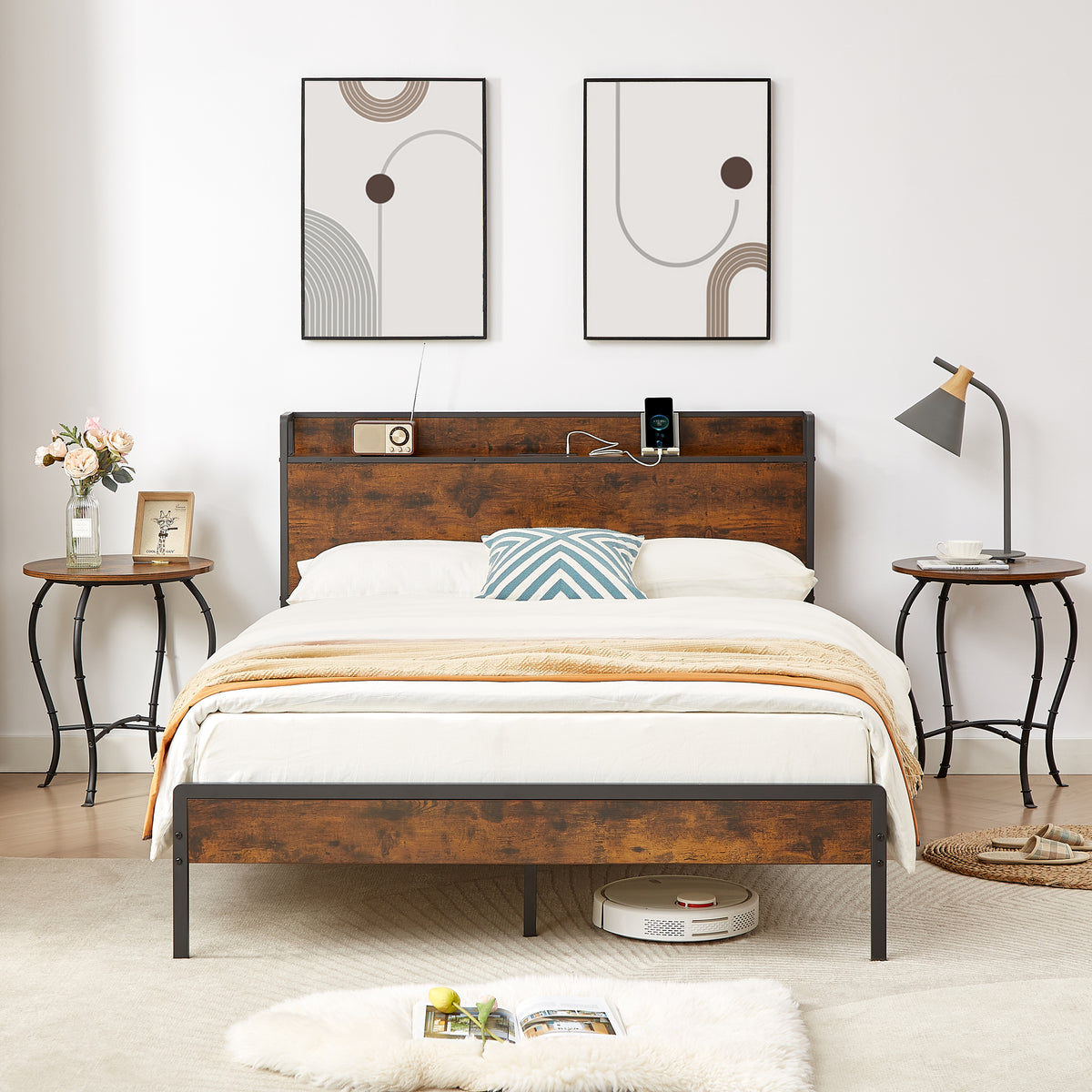 HAOYYE Bed frame with charging station full size, Rustic Brown, 83.1'' L x 56.1'' W x 39'' H Sturdy Space-Saving Heavy Duty Modern Design Adults Dorm Room Easy Assembly Bedroom Furniture