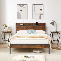 HAOYYE Bed frame with charging station full size, Rustic Brown, 83.1'' L x 56.1'' W x 39'' H Sturdy Space-Saving Heavy Duty Modern Design Adults Dorm Room Easy Assembly Bedroom Furniture