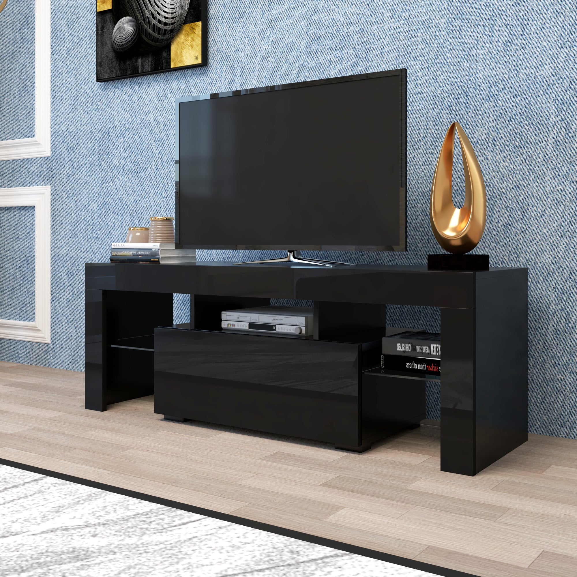 HAOYYE Black TV Stand with LED RGB Lights,Flat Screen TV Cabinet, Gaming Consoles - in Lounge Room, Living Room and Bedroom(Black) Sturdy Space-Saving Heavy Duty Modern Design Easy Assembly Durable Stylish
