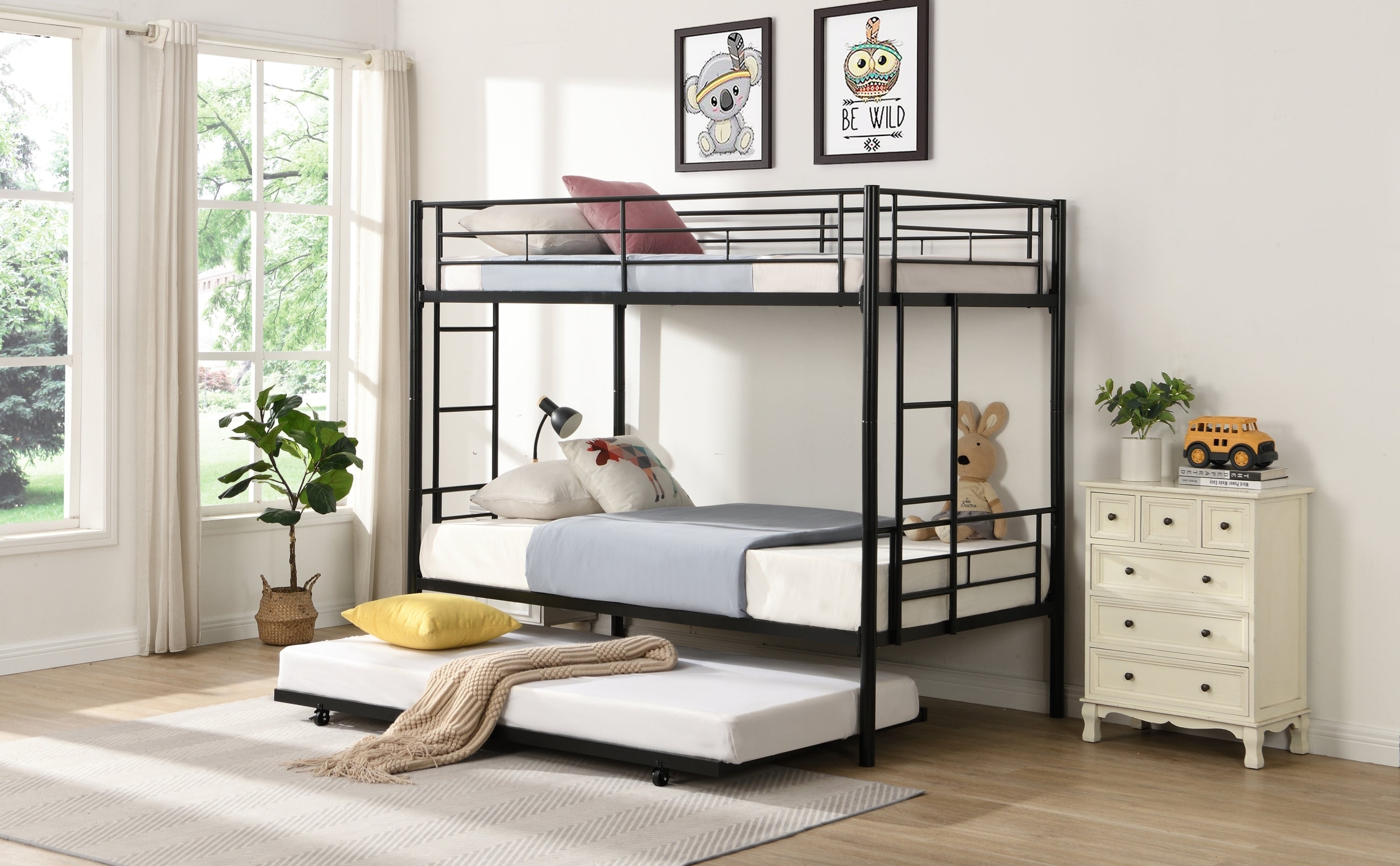 HAOYYE Over Twin Bunk Bed Frame with Trundle,Metal Bunkbed with Sturdy Guard Rail and 2 sideLadders for /Adults,Can be Divided Into Two Beds, No Box Spring Needed, Noise Free for Dorm,Black Space-Saving