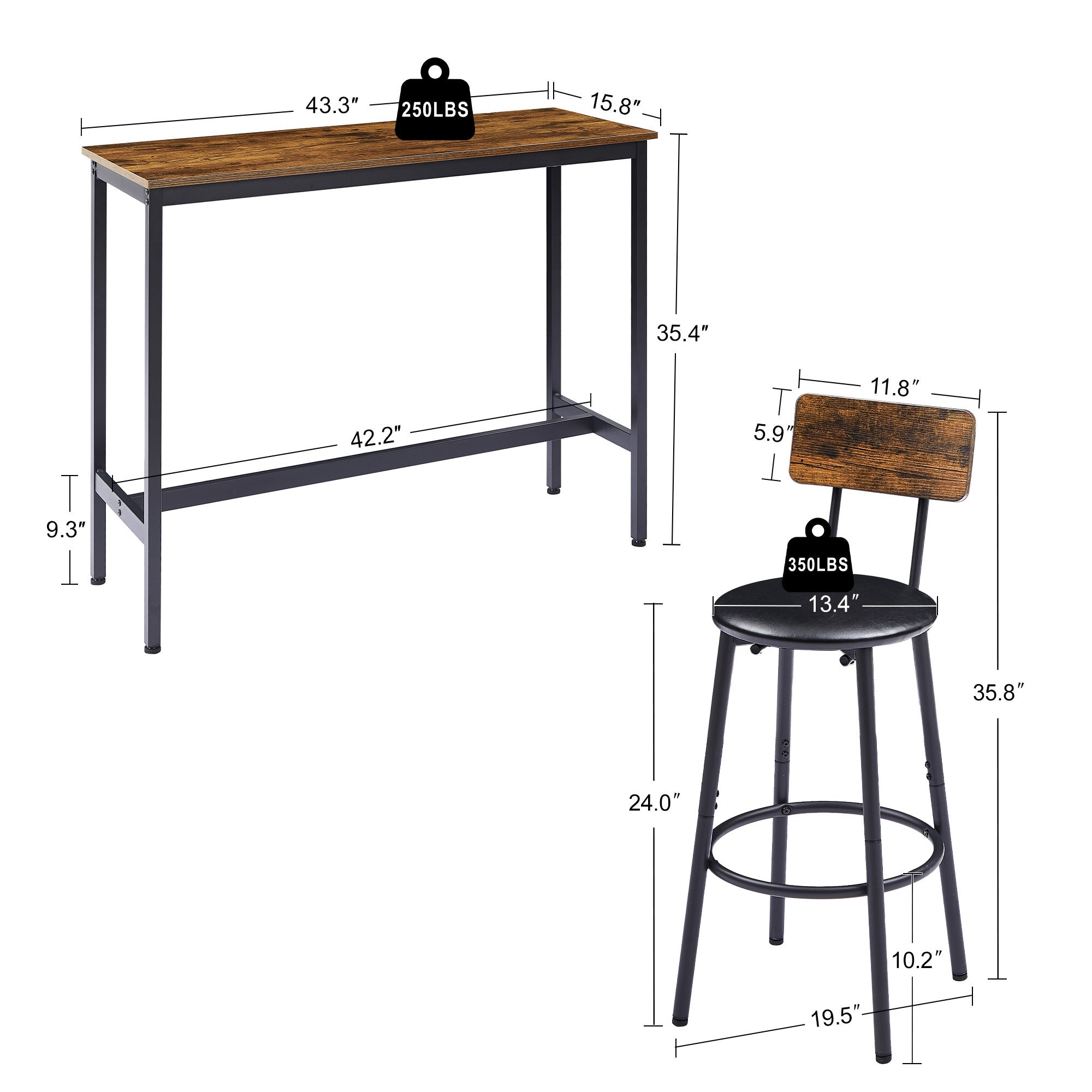 HAOYYE Bar Table Set with 2 Bar stools PU Soft seat with backrest, Rustic Brown, 43.31'' L x 15.75'' W x 35.43'' H. Sturdy Space-Saving Heavy Duty Modern Design Adults Dorm Room Easy Assembly