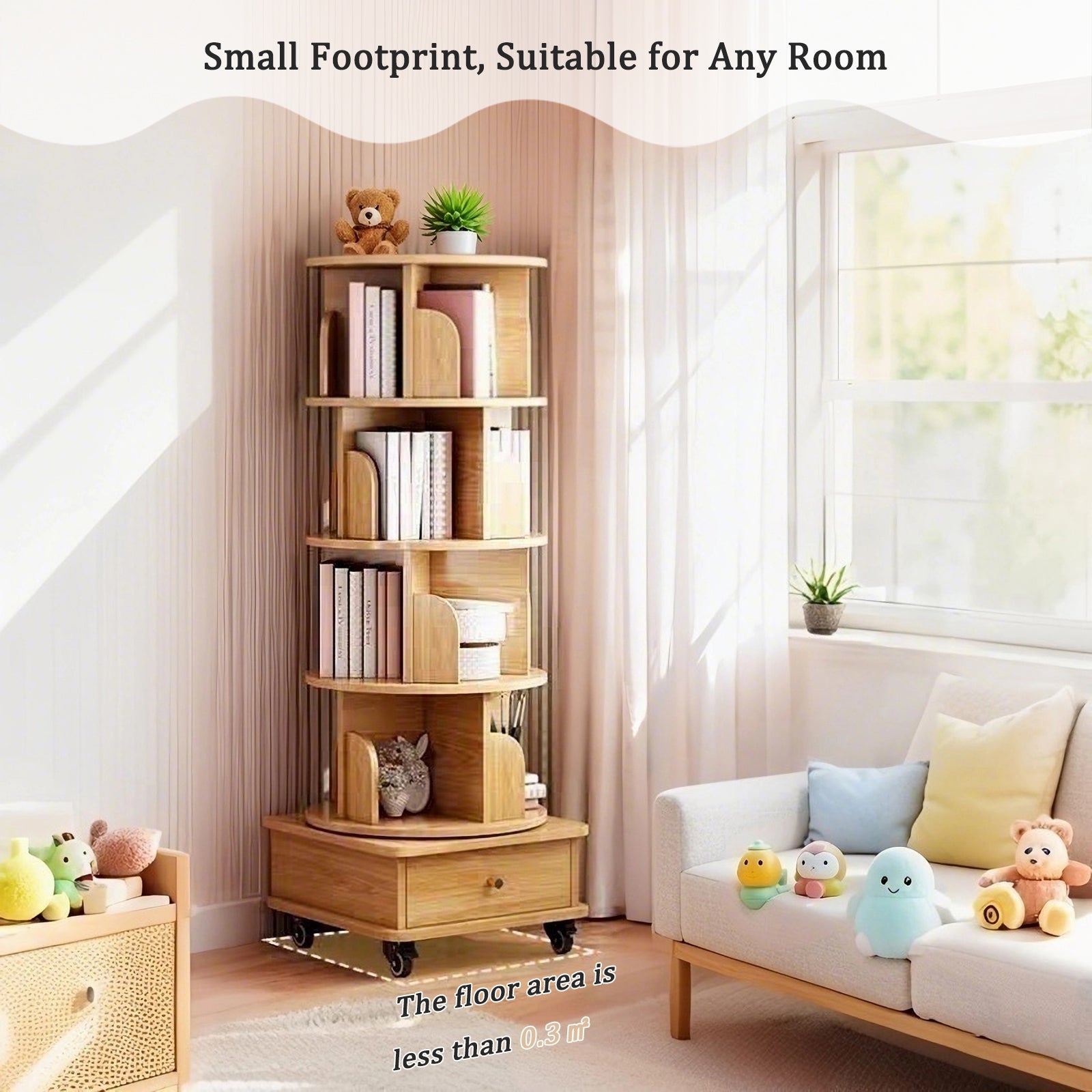 HAOYYE 5 Tier Rotating Bookshelf with 360 Degree Spinning Design and Wheels, Space-Saving Round Display Shelf Tower for Small Spaces in Bedroom, Living Room, Home Office, Modern Wooden Storage Organizer in Natural Wood Color
