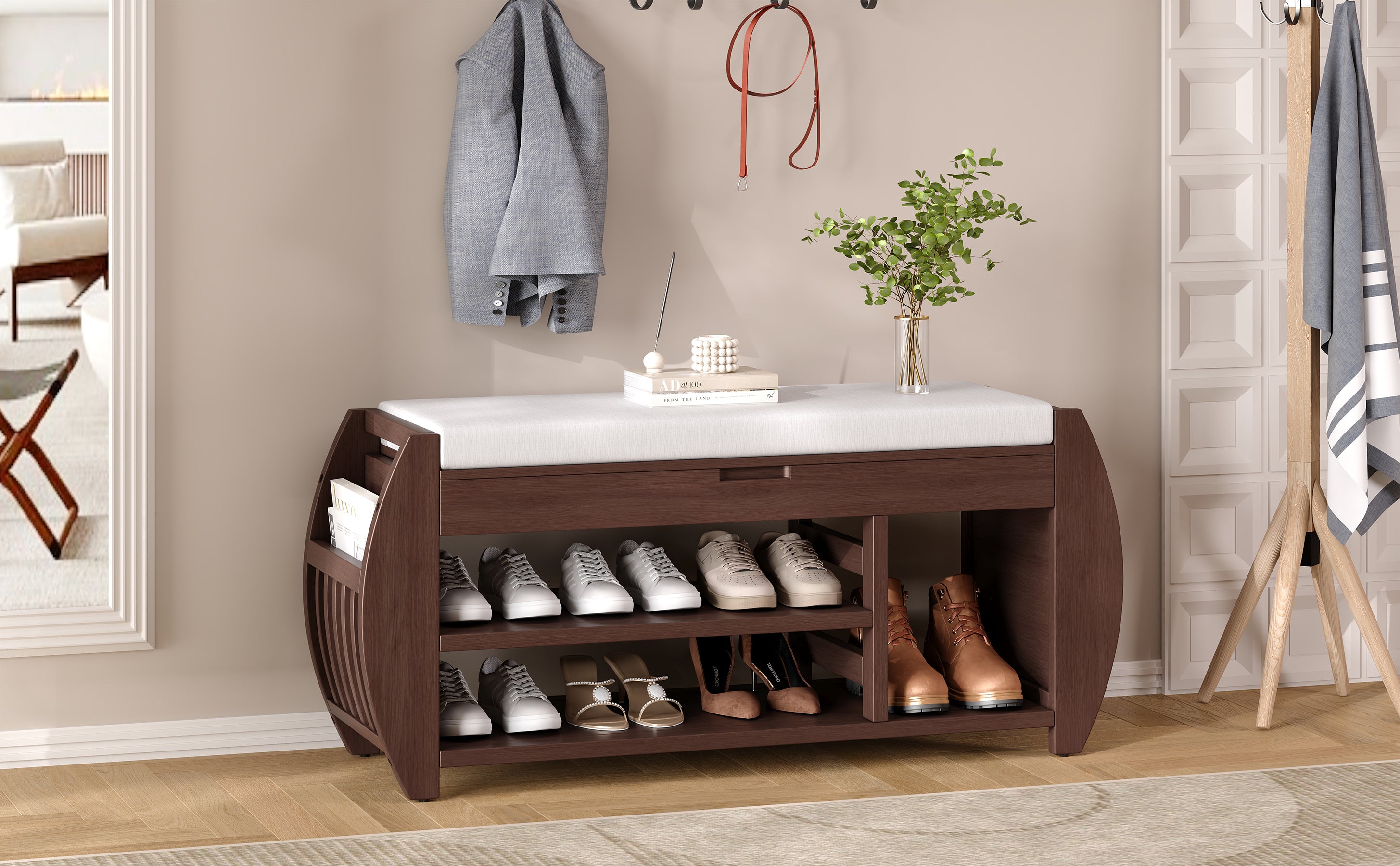 HAOYYE Retro Multifunctional Storage Bench with Cushion and Curved Side Panel for Entrance and Living Room (Espresso) Sturdy Space-Saving Heavy Duty Modern Design Easy Assembly Durable Stylish