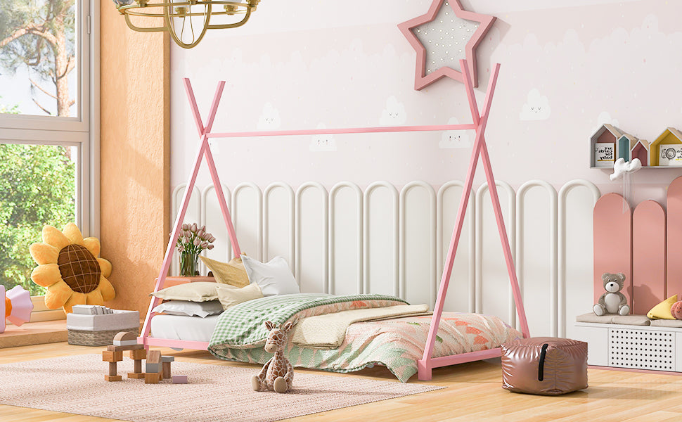 HAOYYE Metal Twin Size House Platform Bed with Triangle Structure, Pink Sturdy Space-Saving Heavy Duty Modern Design Adults Dorm Room Easy Assembly Bedroom Furniture