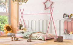 HAOYYE Metal Twin Size House Platform Bed with Triangle Structure, Pink Sturdy Space-Saving Heavy Duty Modern Design Adults Dorm Room Easy Assembly Bedroom Furniture