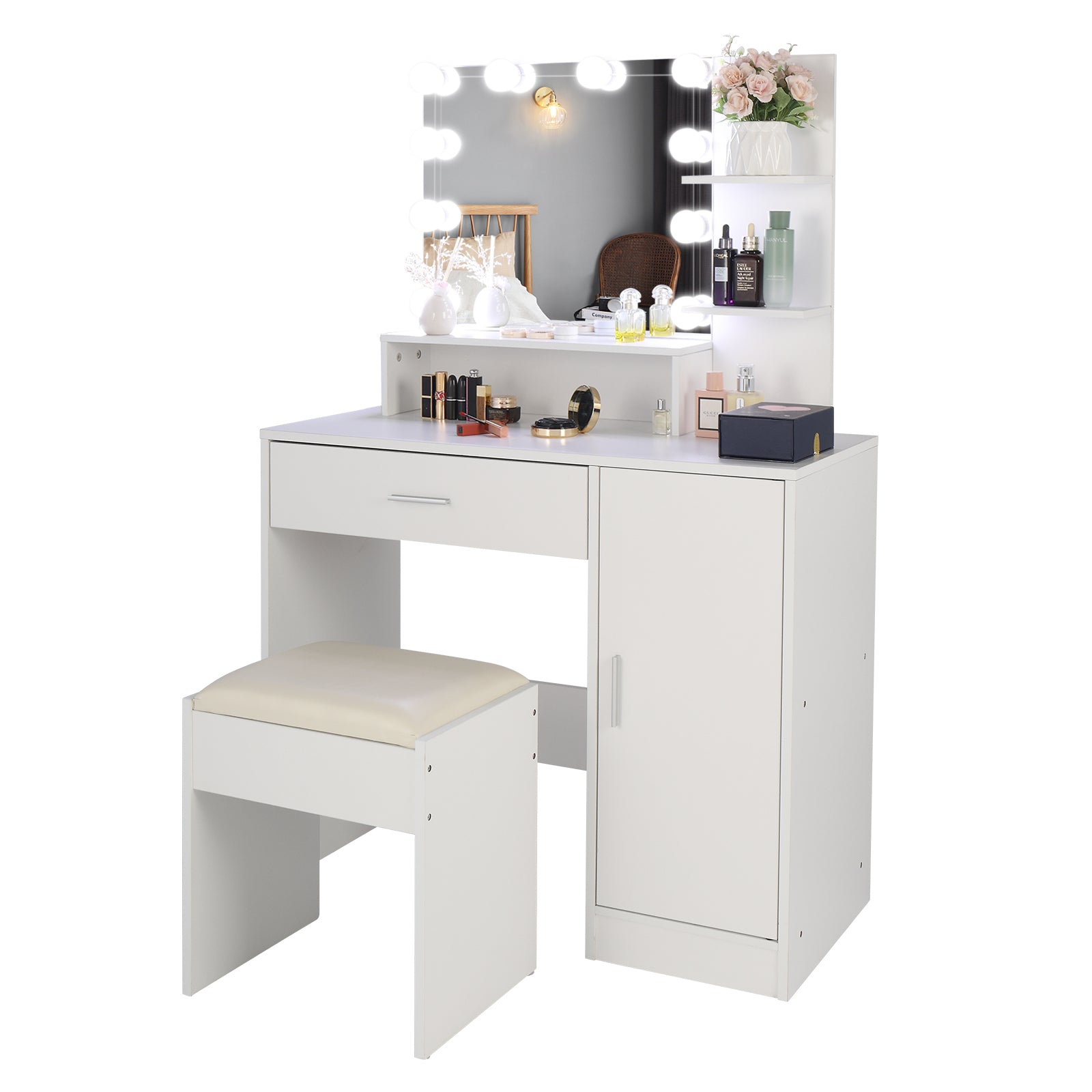 HAOYYE Large Vanity Set with LED Bulbs Makeup Table, Cushioned Stool, Multiple Storage Shelves, Drawer and Cabinet, Elegant Dressing Table Desk for Bedroom and Personal Use