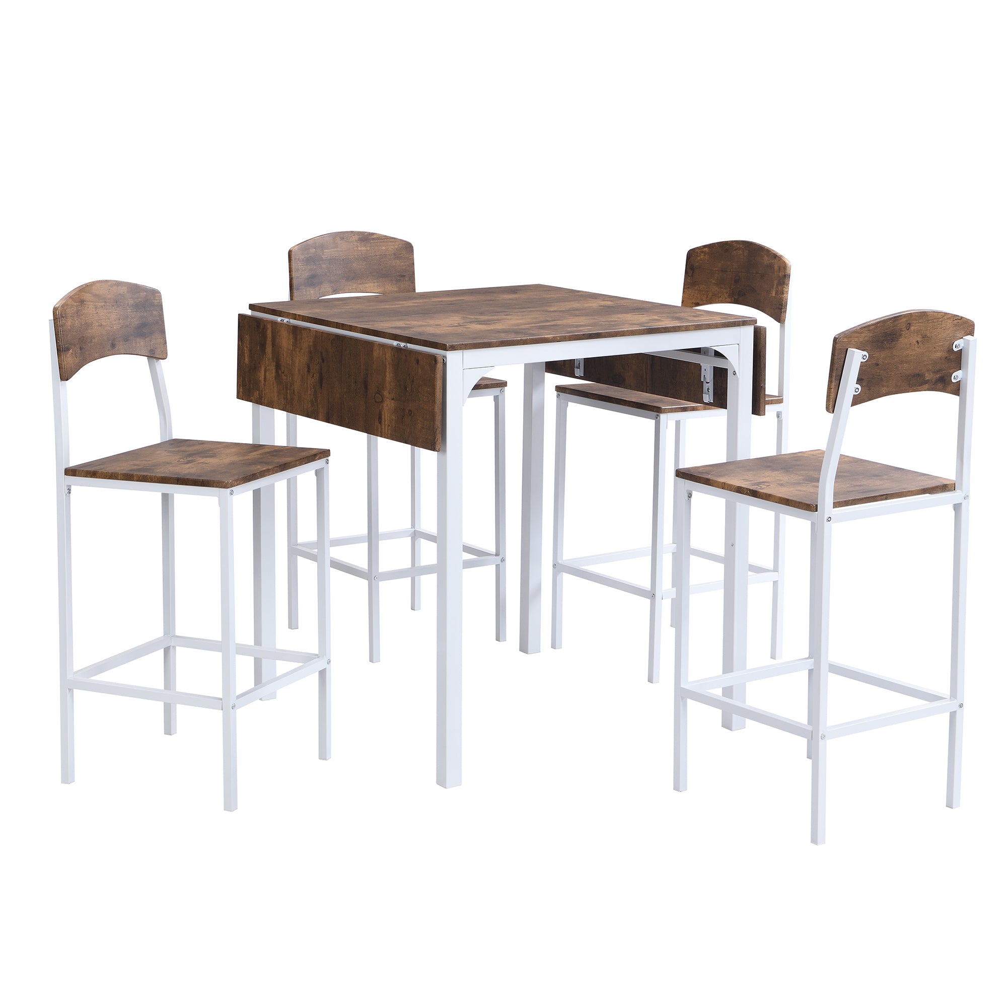 HAOYYE Farmhouse 5-Piece Counter Height Dining Table Set with 4 Chairs, White Frame & Rustic Brown Tabletop, Drop Leaf, Space-Saving Design, Sturdy & Heavy Duty, Ideal for Dining Room, Kitchen, Apartment, Dorm Room, Modern & Functional