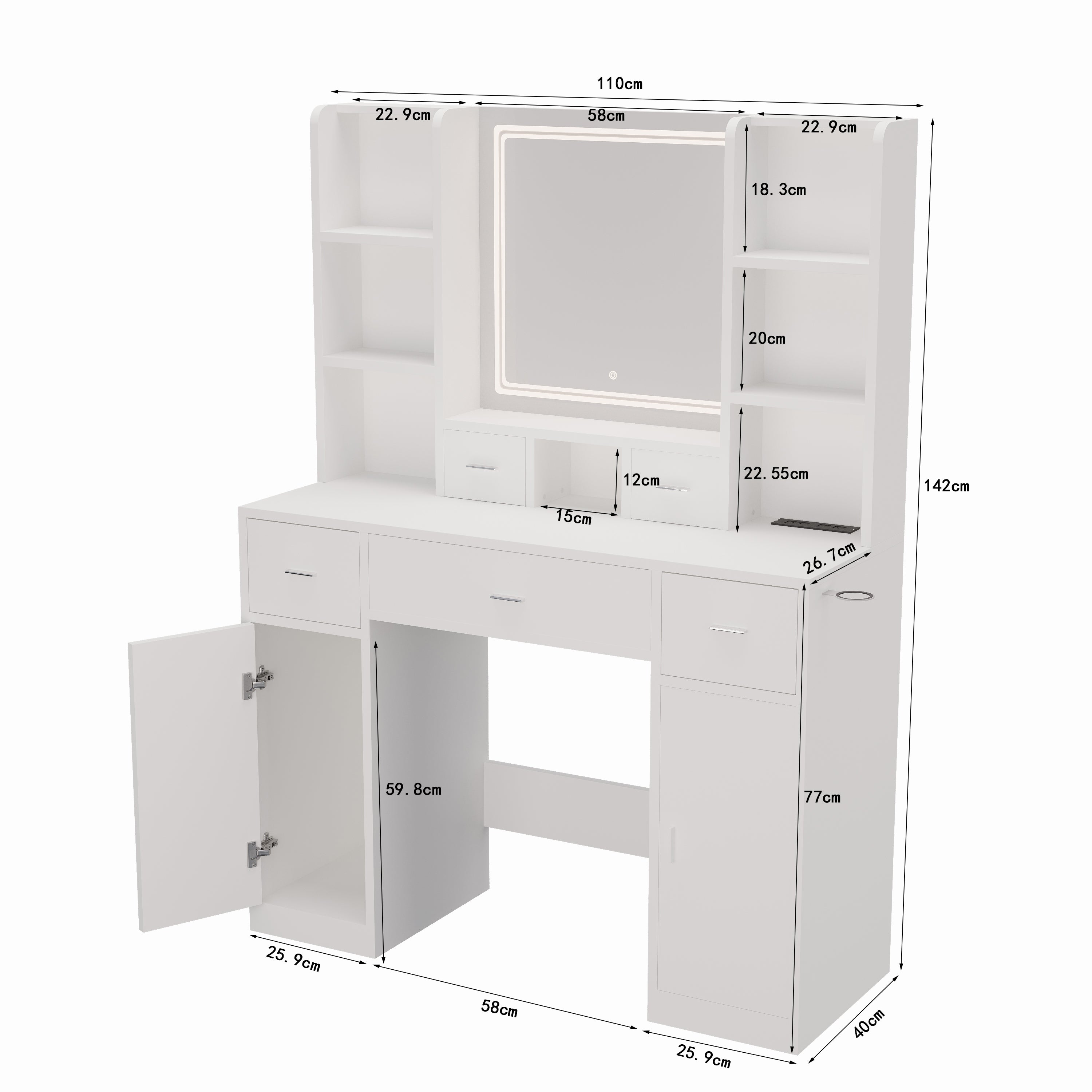HAOYYE Smart Mirror Dressing Table with Drawers and Storage Cabinet, Modern Design Dressing Table with Soft Dressing Pad for Bedroom, Dressing Room, Sturdy Space-Saving Heavy Duty Construction, Ideal for Adults