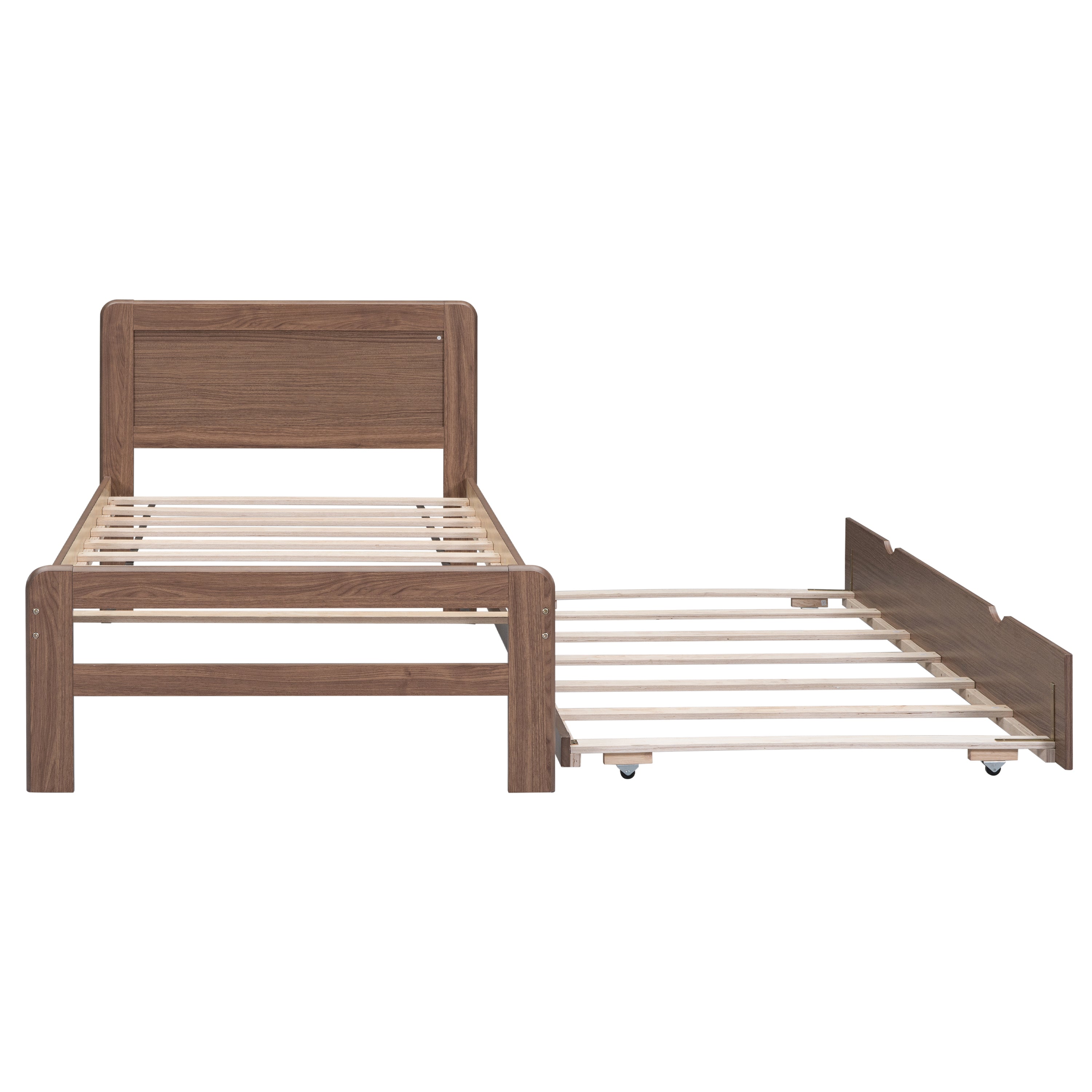 HAOYYE Modern Design Wooden Twin Size Platform Bed Frame with Trundle for Walnut Color Sturdy Space-Saving Heavy Duty Adults Dorm Room Easy Assembly Bedroom Furniture