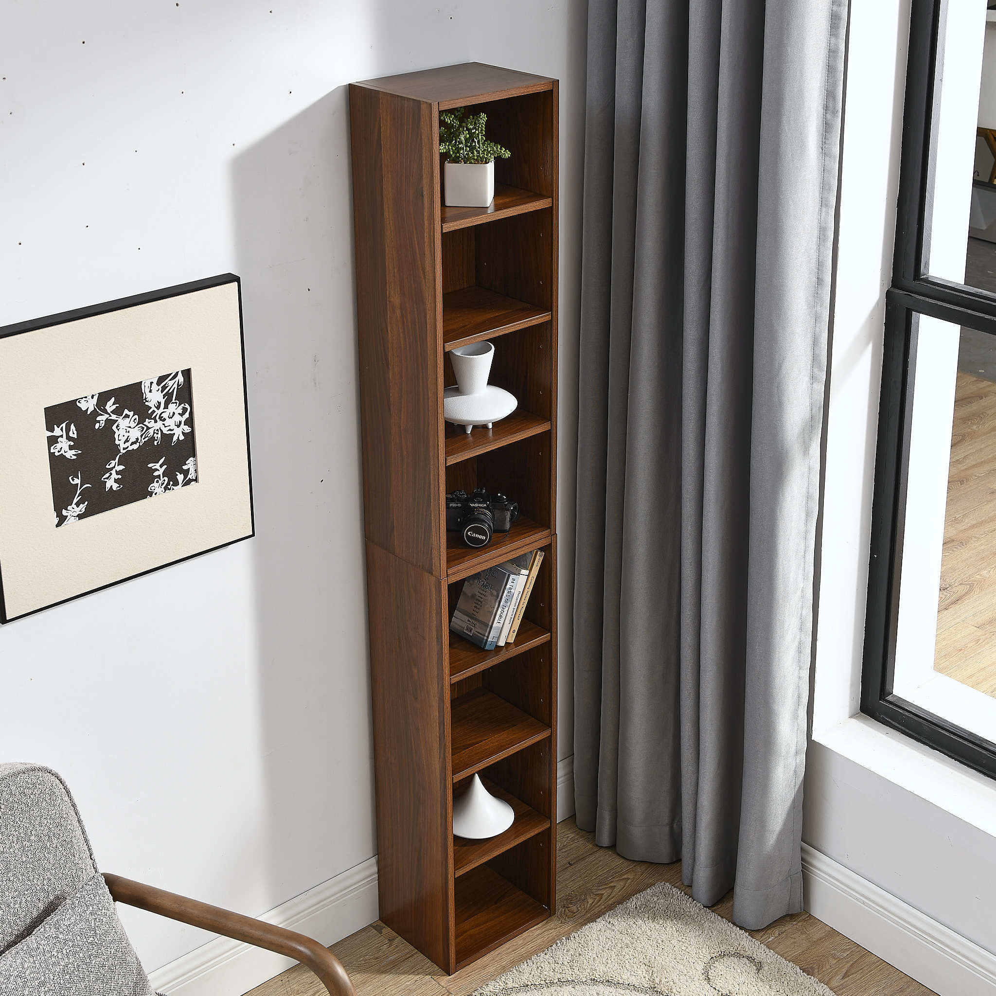 Haoyye 8-Tier Media Tower Rack, CD DVD Slim Storage Cabinet, Adjustable Shelves for Home Office, Multifunctional Double-Decker Bookcase, Sturdy Space-Saving Bookshelf for Tall Narrow Display