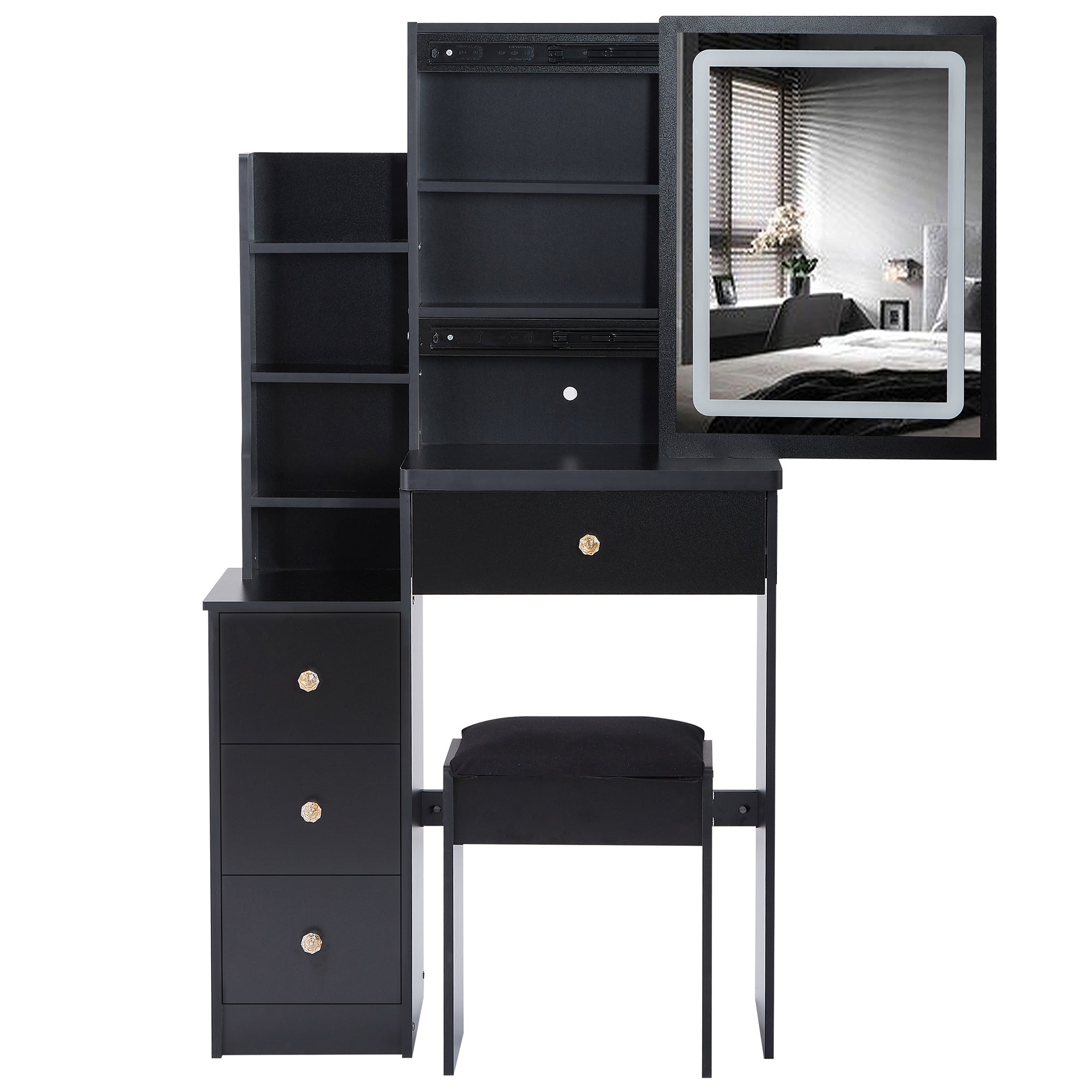 HAOYYE Small Size Left Bedside Cabinet Vanity Table + Cushioned Stool, Touch Control Sliding LED Mirror, Tri-color Switching, Brightness Adjust, Multi Layer, Suitable for Small Space, EPA,GCC,UL Certificate
