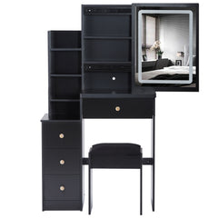 HAOYYE Small Size Left Bedside Cabinet Vanity Table + Cushioned Stool, Touch Control Sliding LED Mirror, Tri-color Switching, Brightness Adjust, Multi Layer, Suitable for Small Space, EPA,GCC,UL Certificate