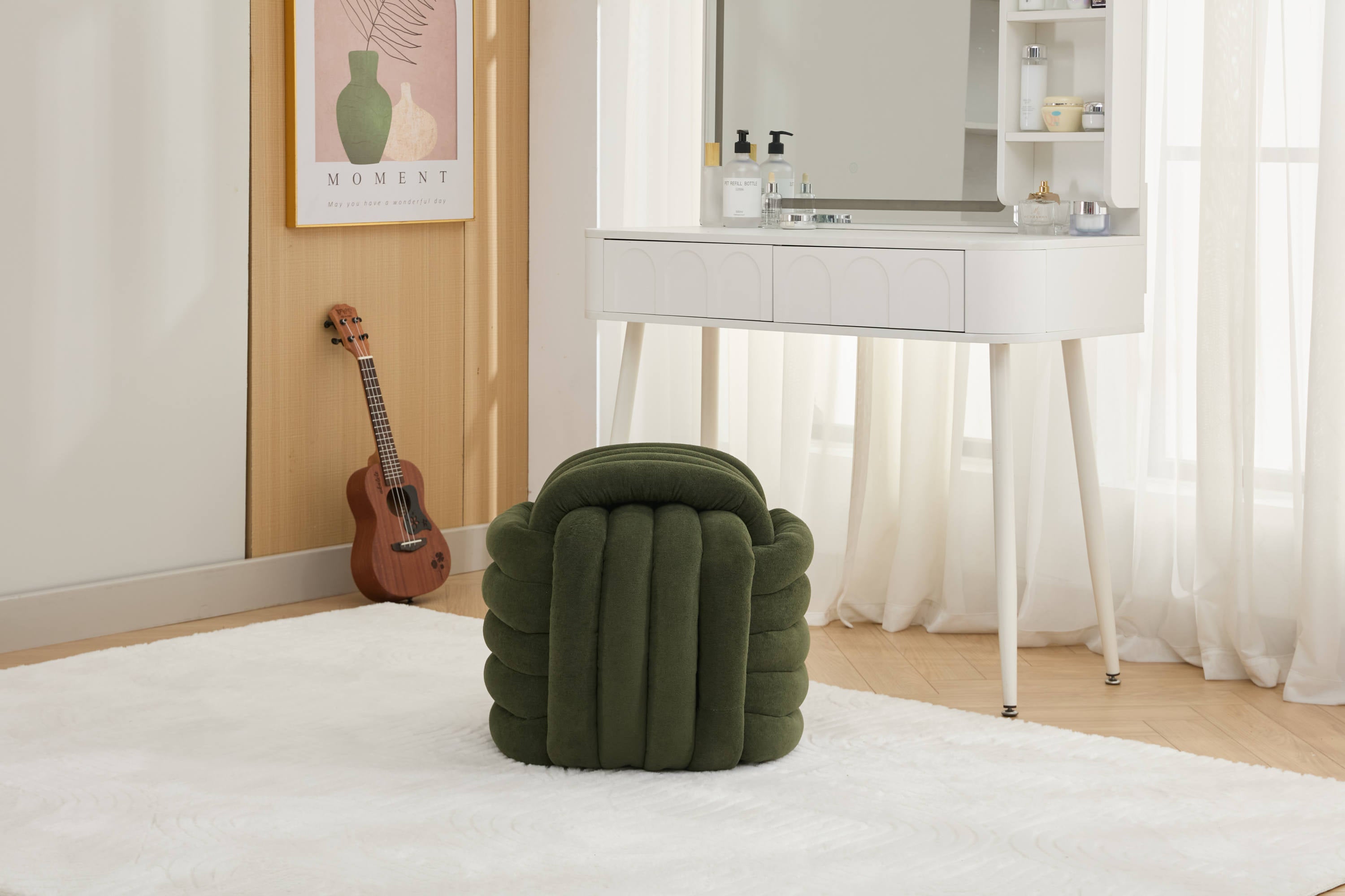 Haoyye Modern Chenille Fabric Knot Design Ottoman Makeup Stool Footstool, Comfortable and Stylish Seat, Perfect for Living Room and Bedroom, Space-Saving Heavy Duty Construction, Durable Furniture for Adults Dorm Room